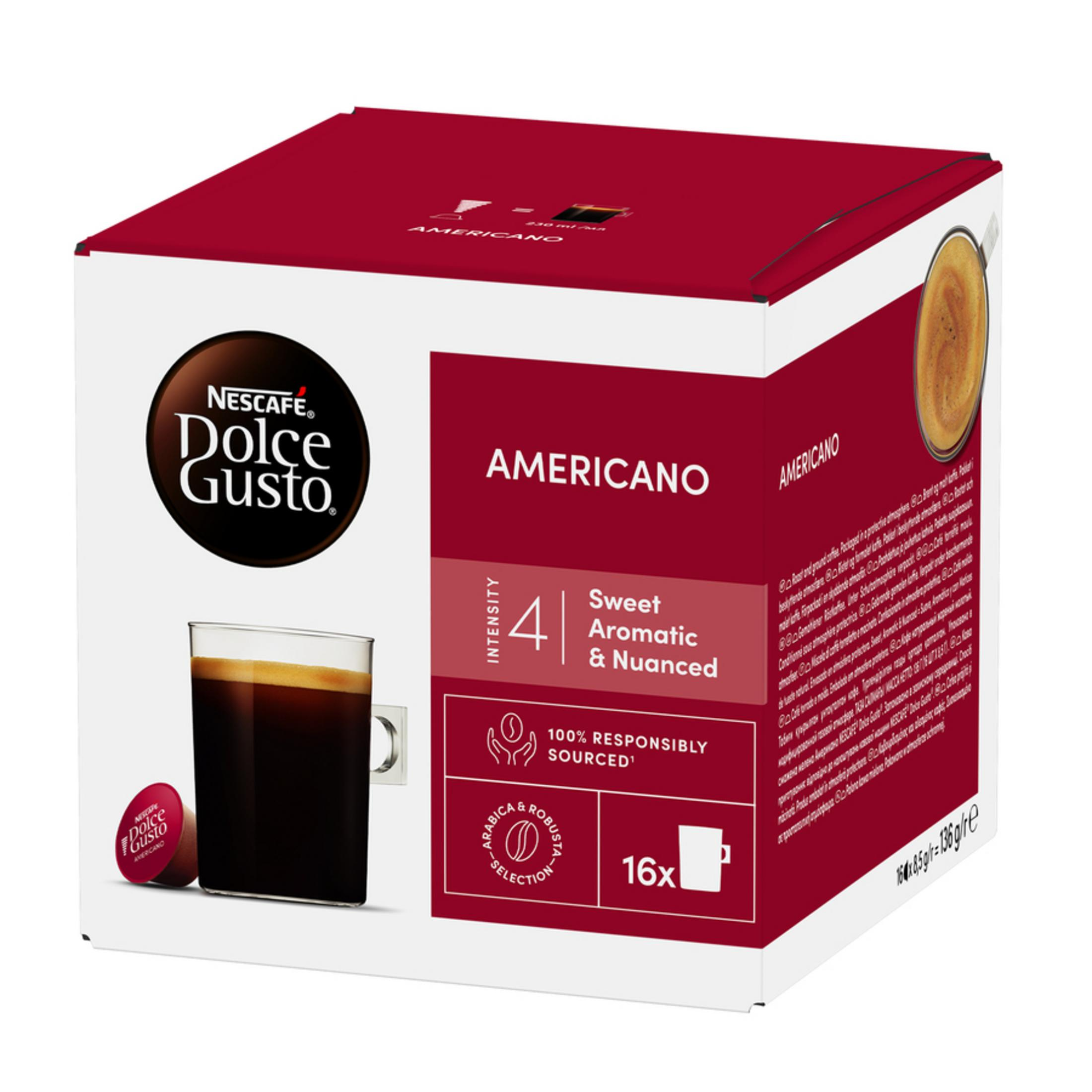 Una scatola di capsule caffè NESCAFÉ Dolce Gusto Americano con una tazza di caffè.