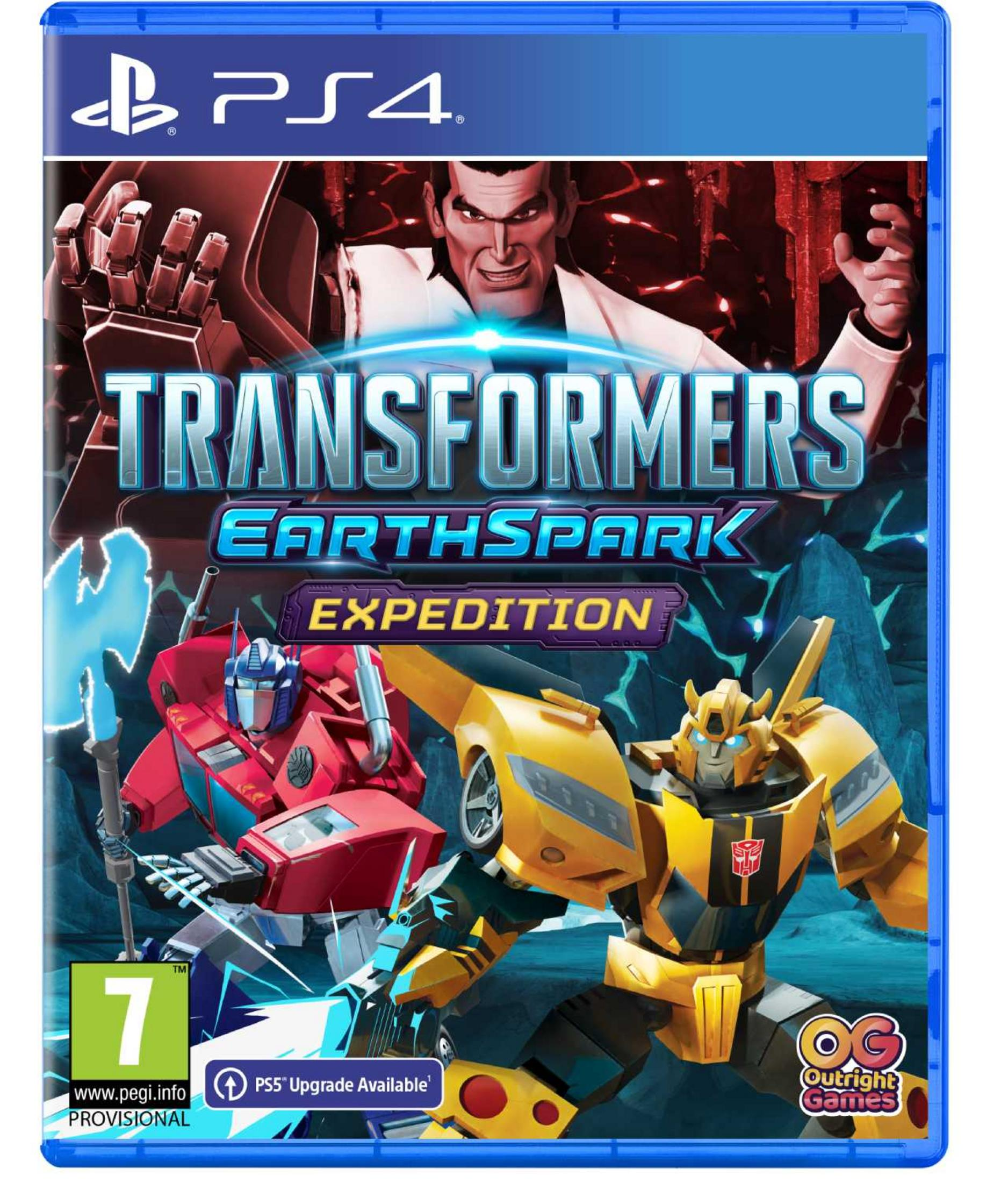 Portada del juego Transformers Earthspark Expedition PS4 con Bumblebee, Optimus Prime y un villano.