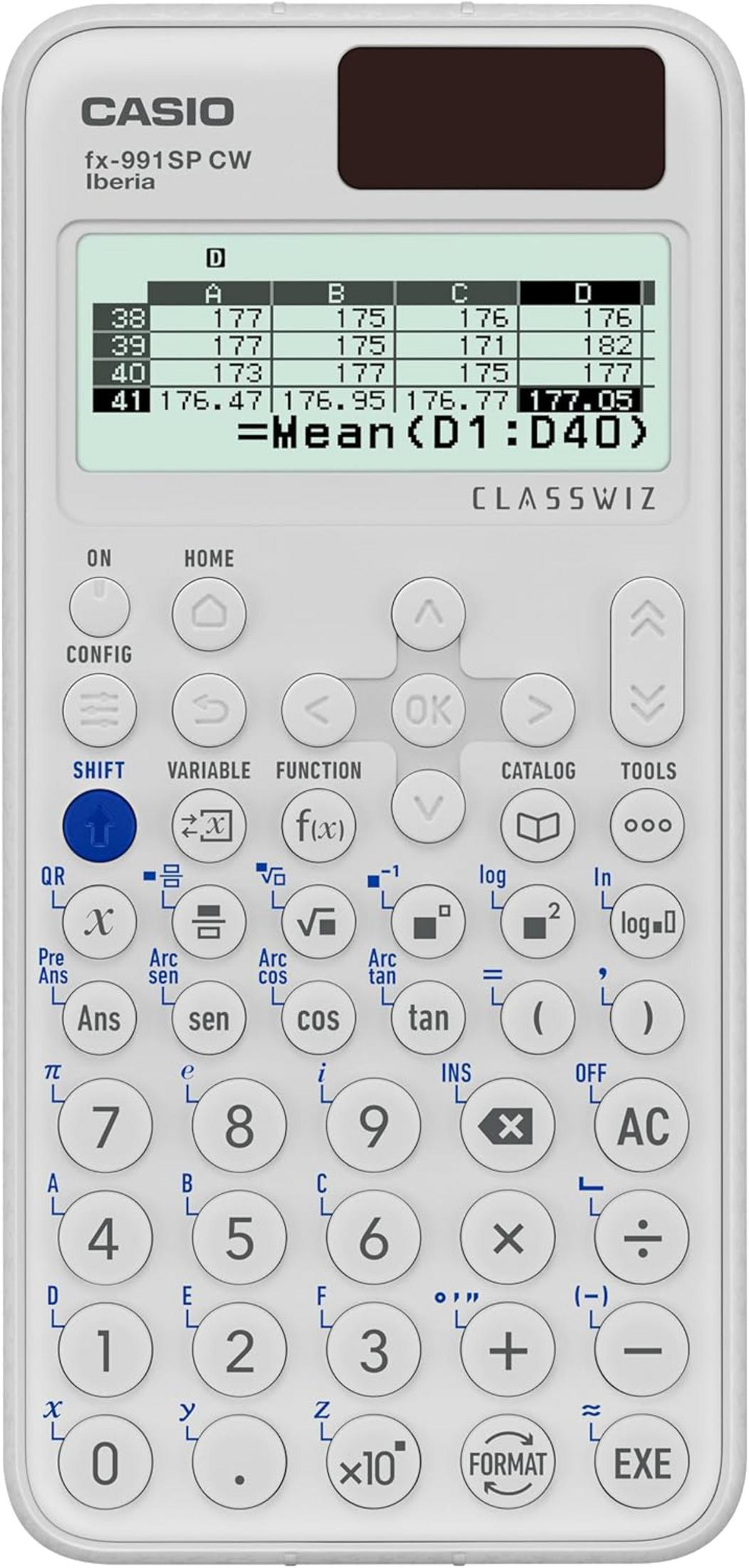 Una calcolatrice Casio bianca che mostra una tabella e un calcolo della media.
