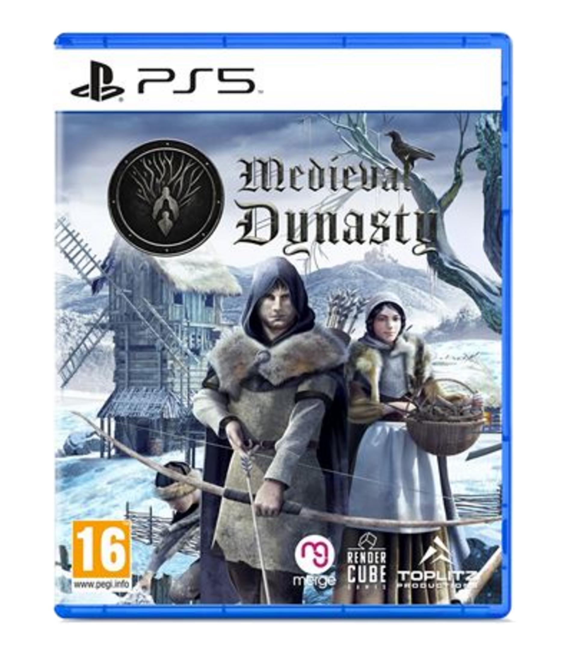 Copertina gioco PS5 "Medieval Dynasty" con figure, mulino, arco e freccia.