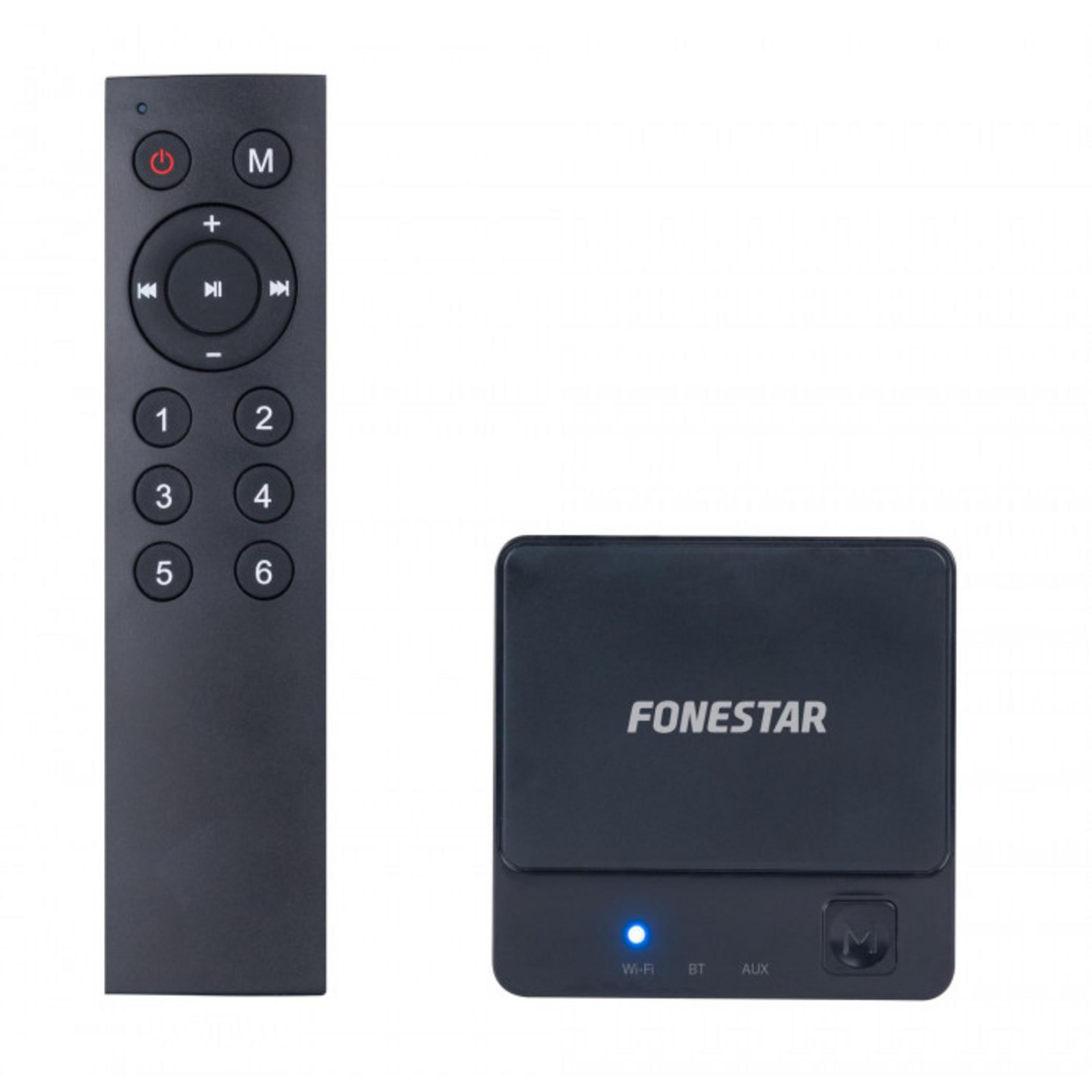 Control remoto negro y receptor Fonestar negro con LED azul.