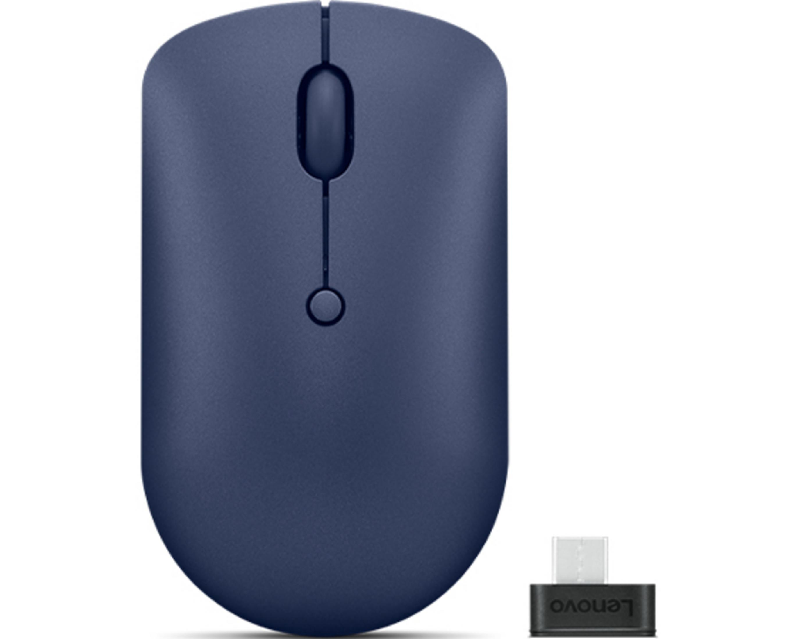 Un mouse Lenovo blu scuro con ricevitore USB.