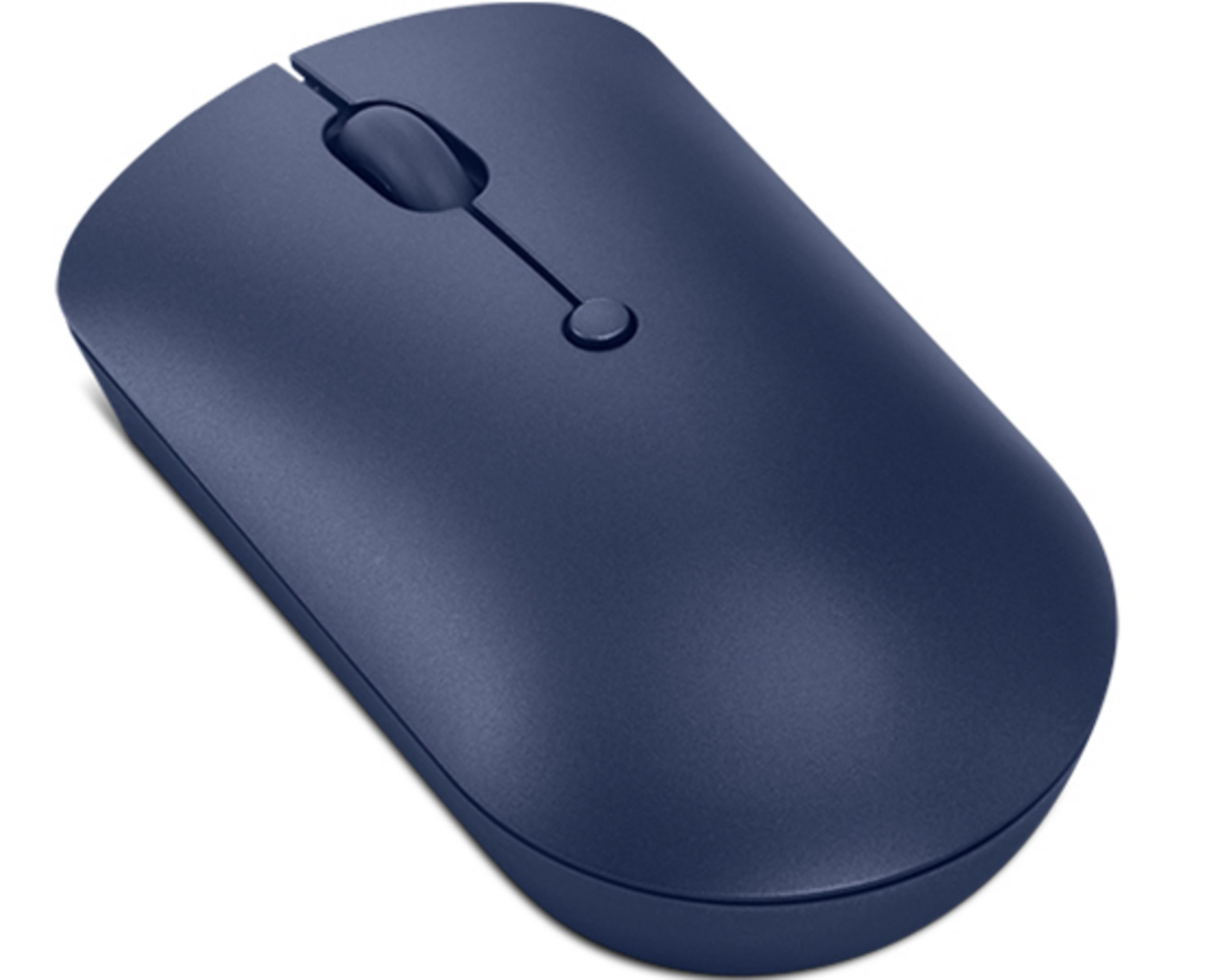 Un mouse per computer blu scuro con rotellina e due pulsanti su sfondo bianco.