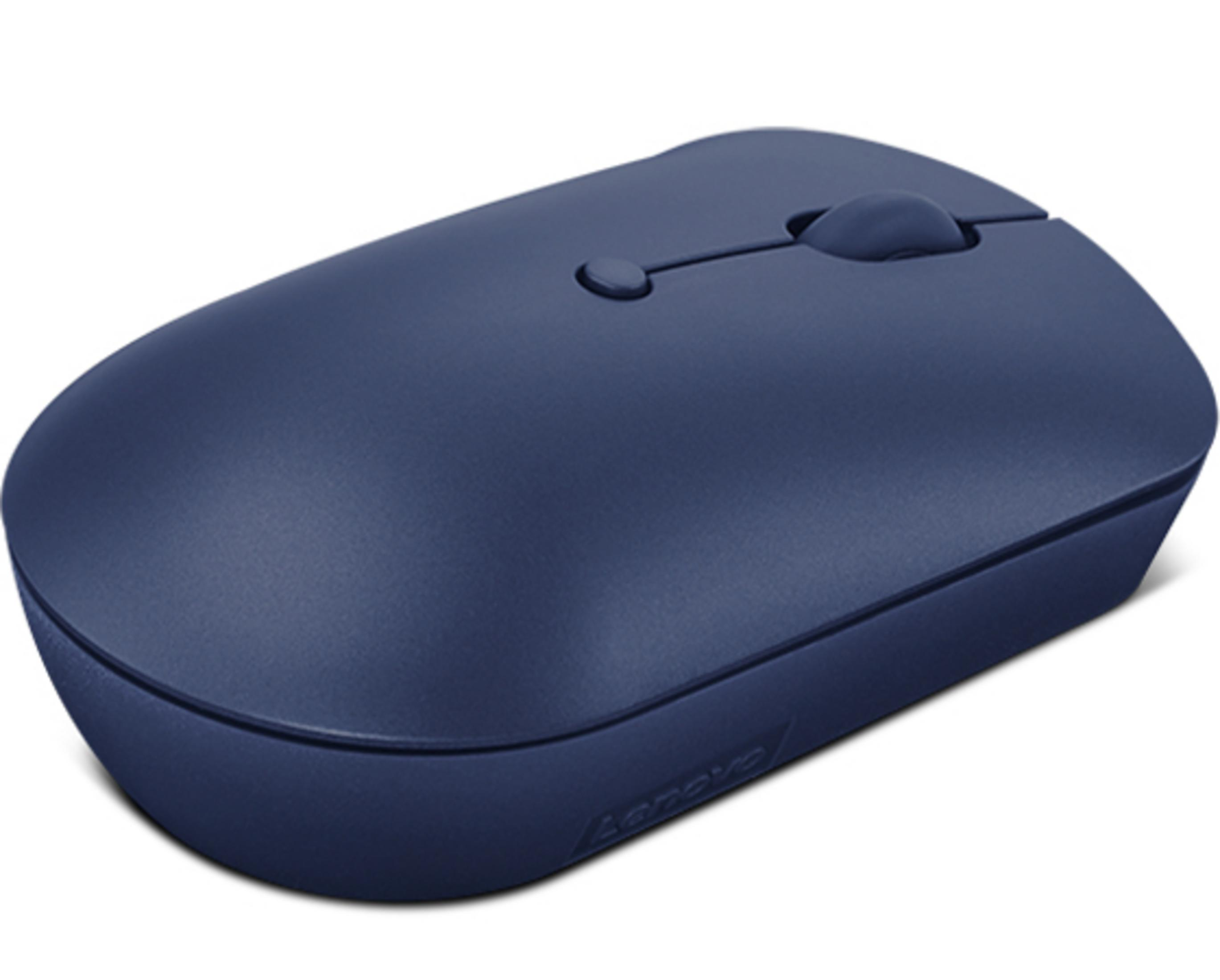 Mouse Lenovo blu scuro con rotellina e pulsanti su sfondo bianco.