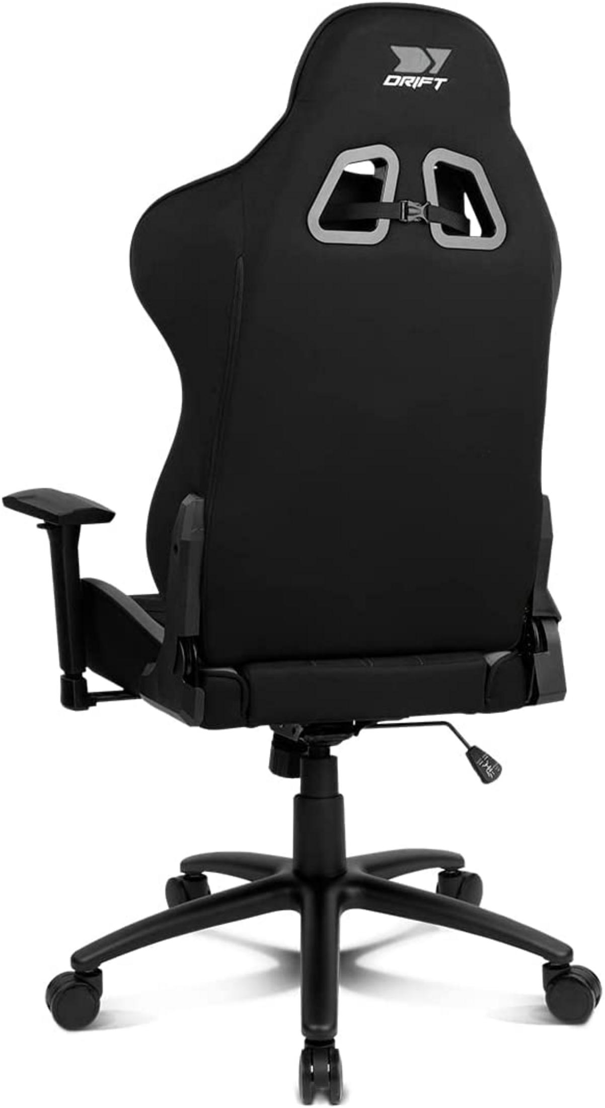 Silla gamer negra con reposacabezas, reposabrazos y ruedas.