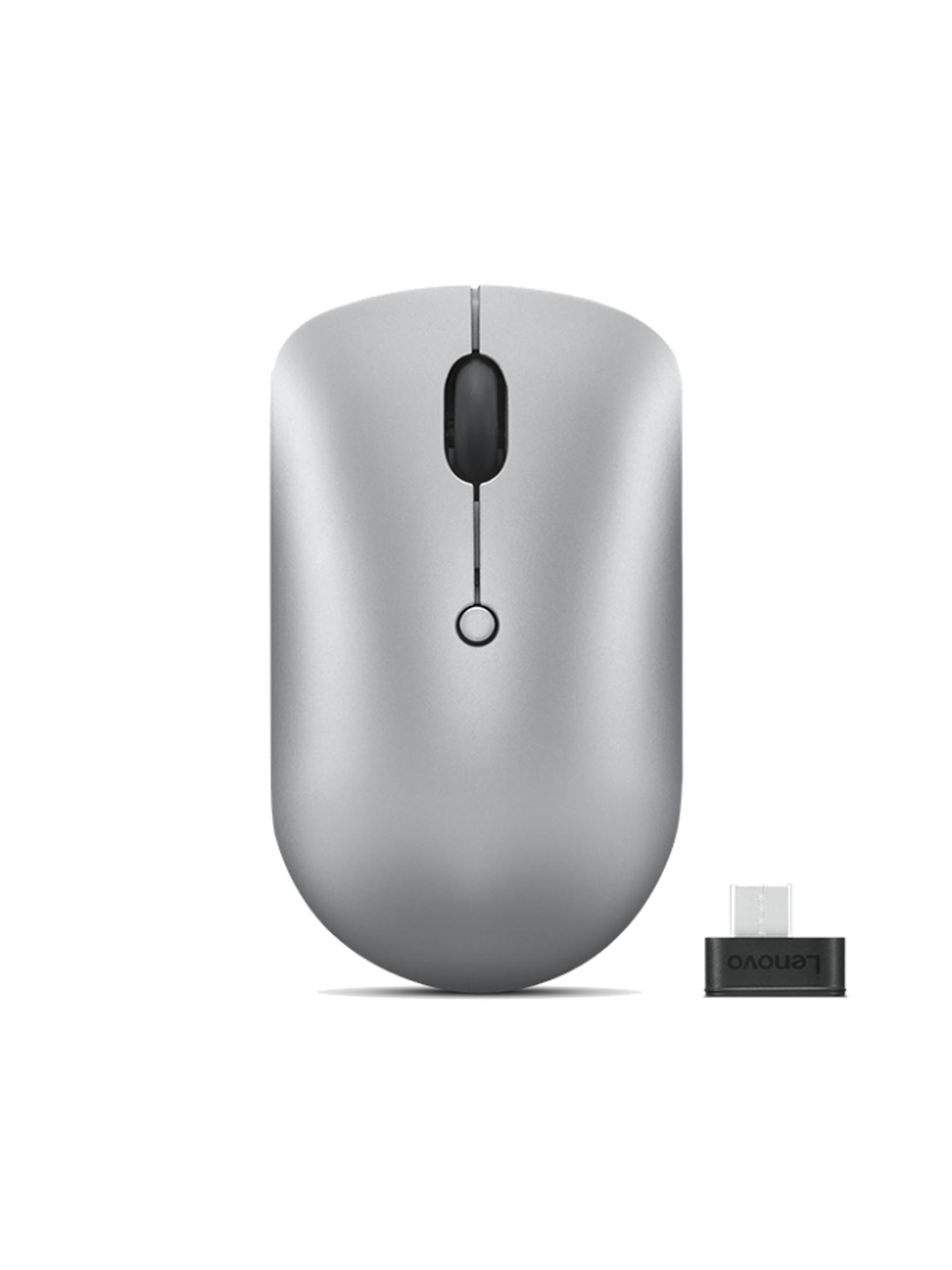 Silberne Maus mit schwarzem Scrollrad und USB-Dongle auf weißem Hintergrund.