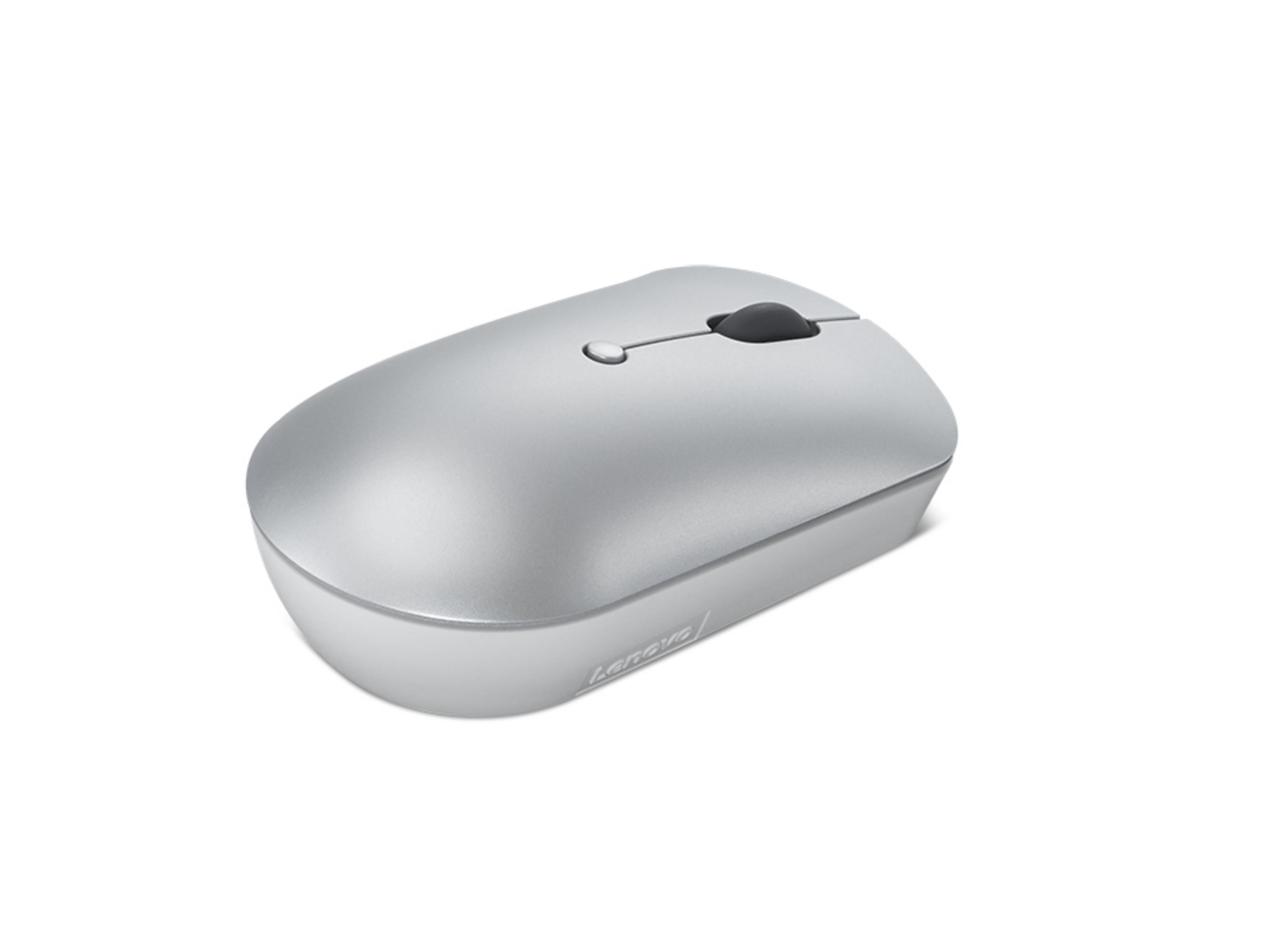 Eine silberne Computermouse mit einem schwarzen Scrollrad und Lenovo Logo.