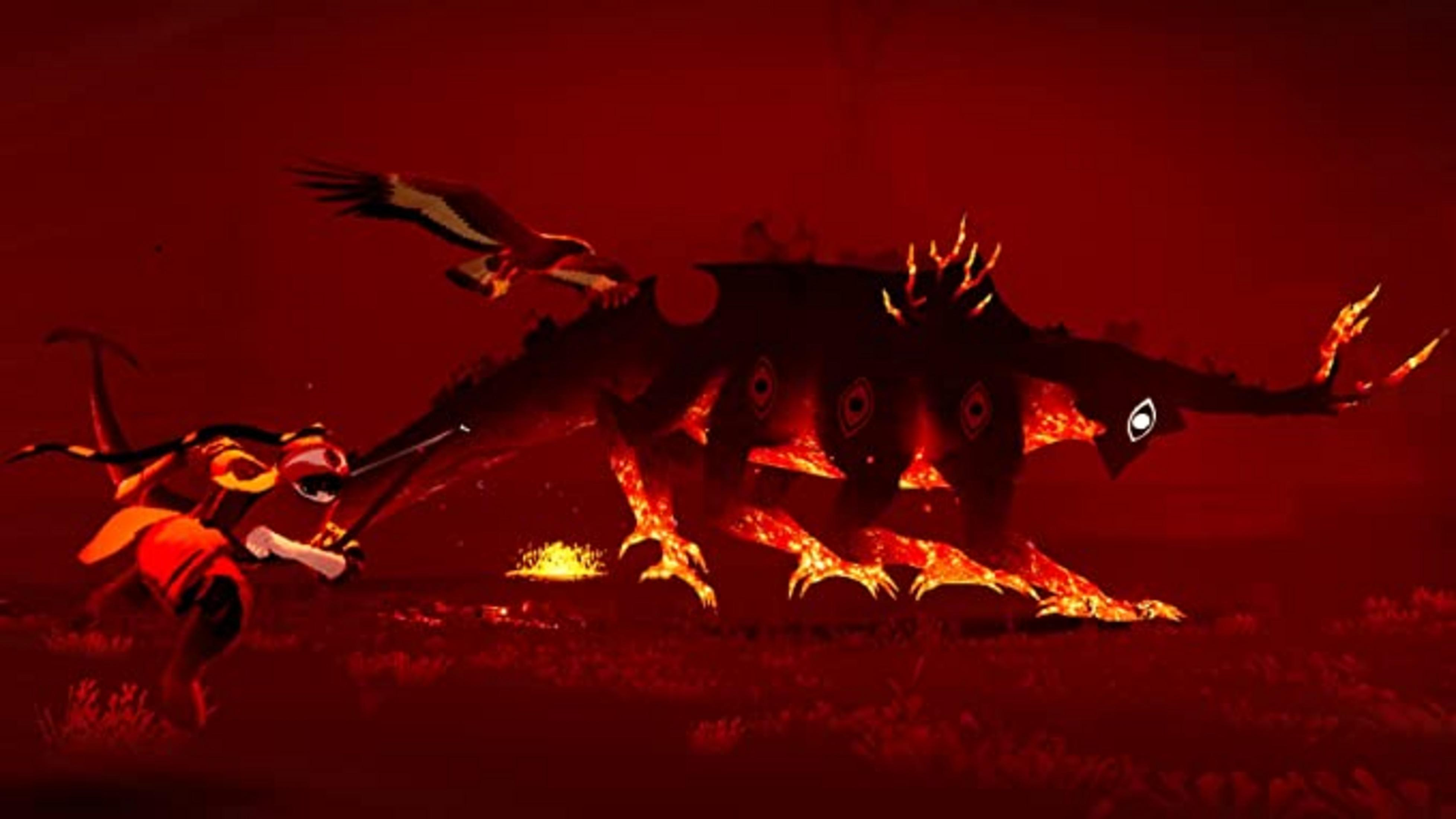Una figura con una spada combatte un grande mostro a più zampe.