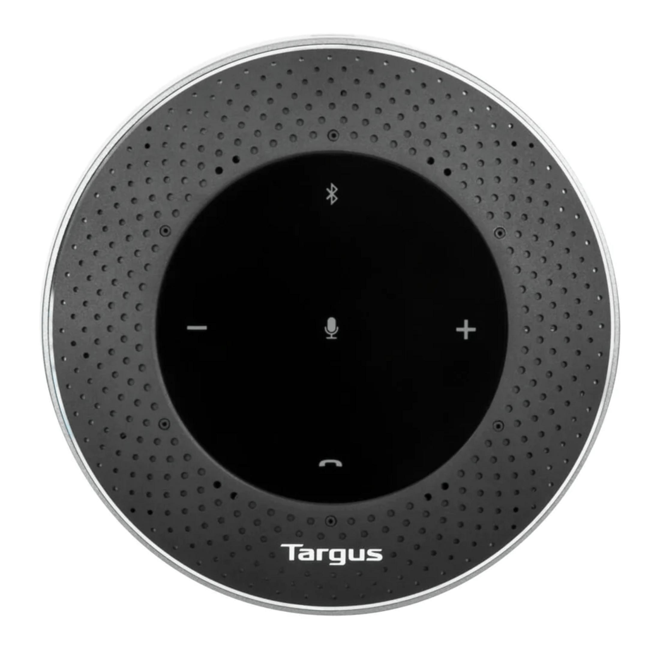 Altoparlante Targus rotondo con icone microfono, più/meno e Bluetooth.