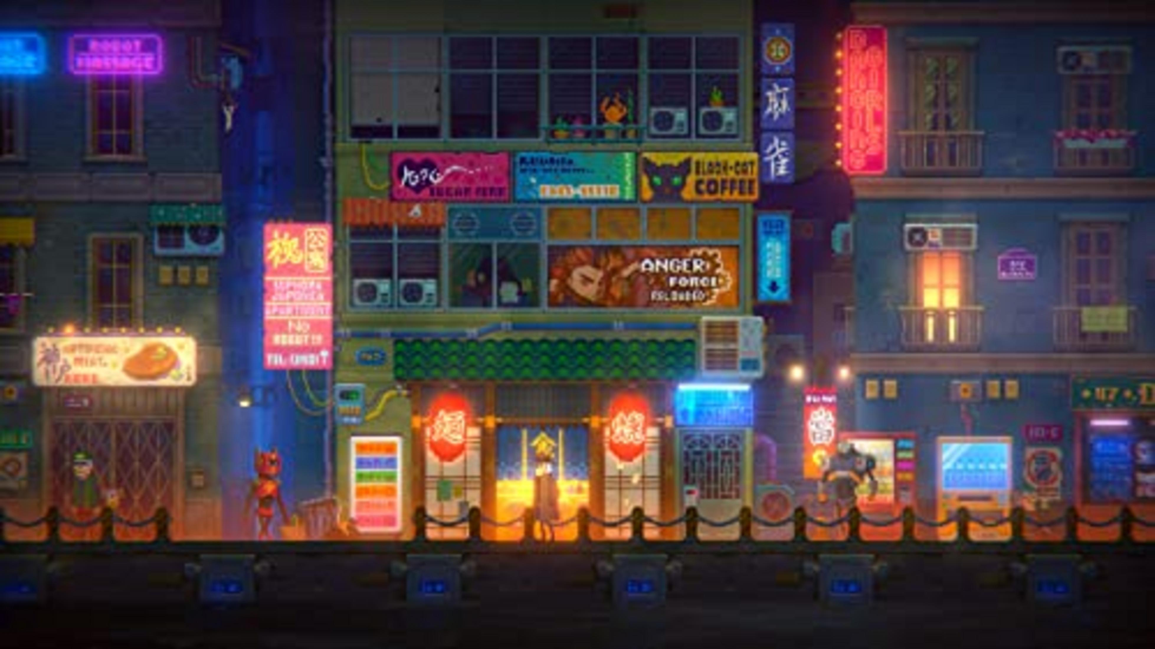 Pixelstad 's nachts met neonlichten, winkels en figuren.