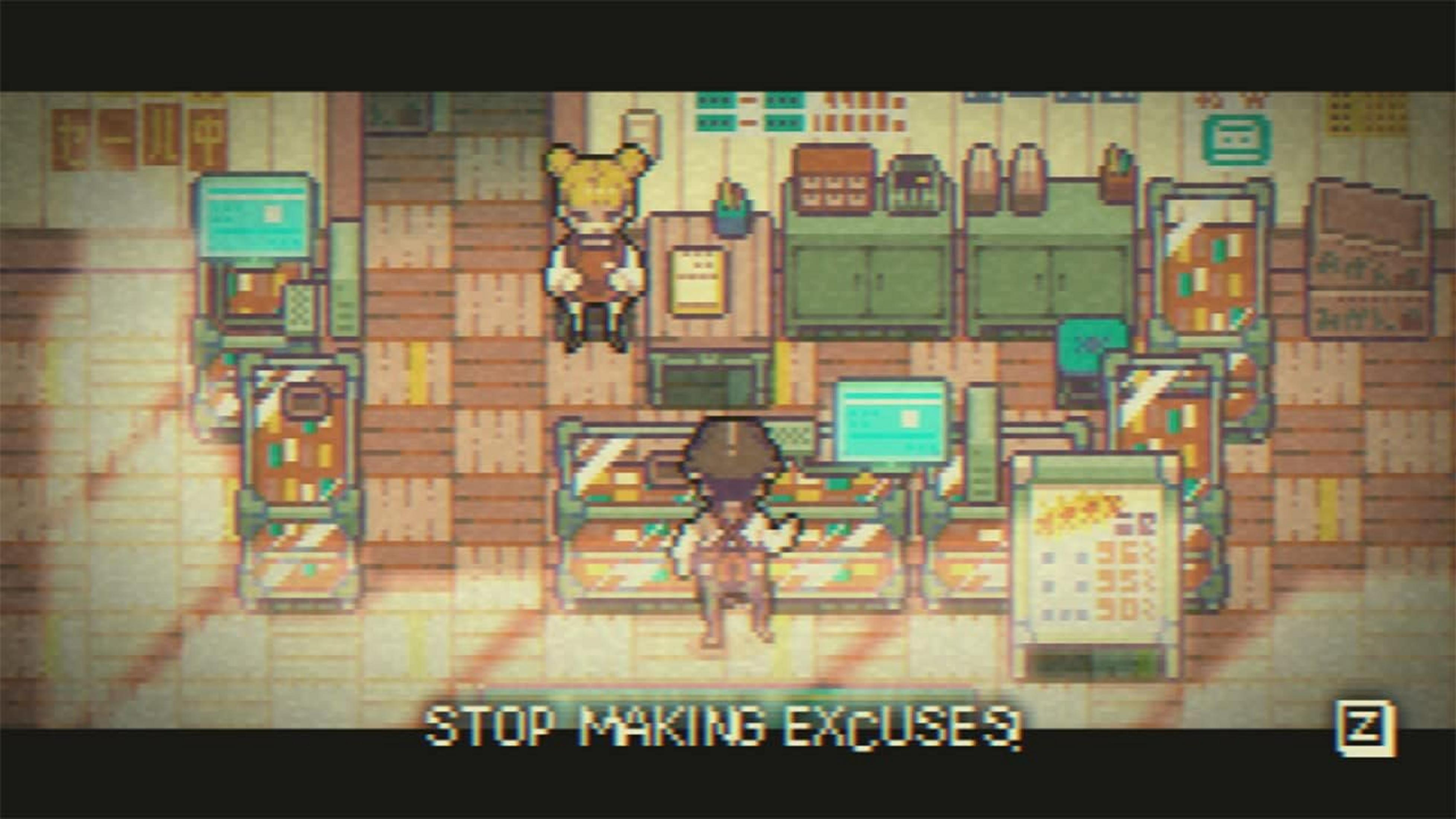 Escena de arte pixelado de una tienda con dos personajes y estantes.