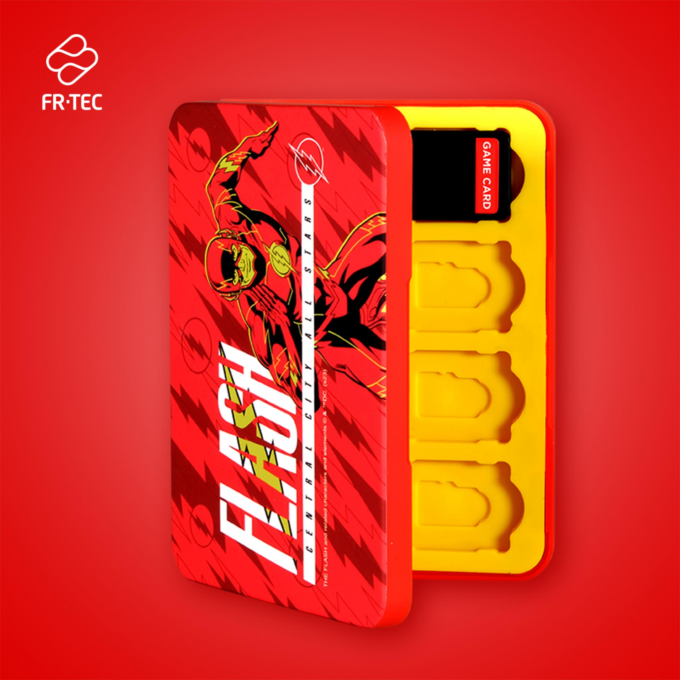 Custodia rossa con grafica Flash, mostra interno giallo con slot per schede di gioco.