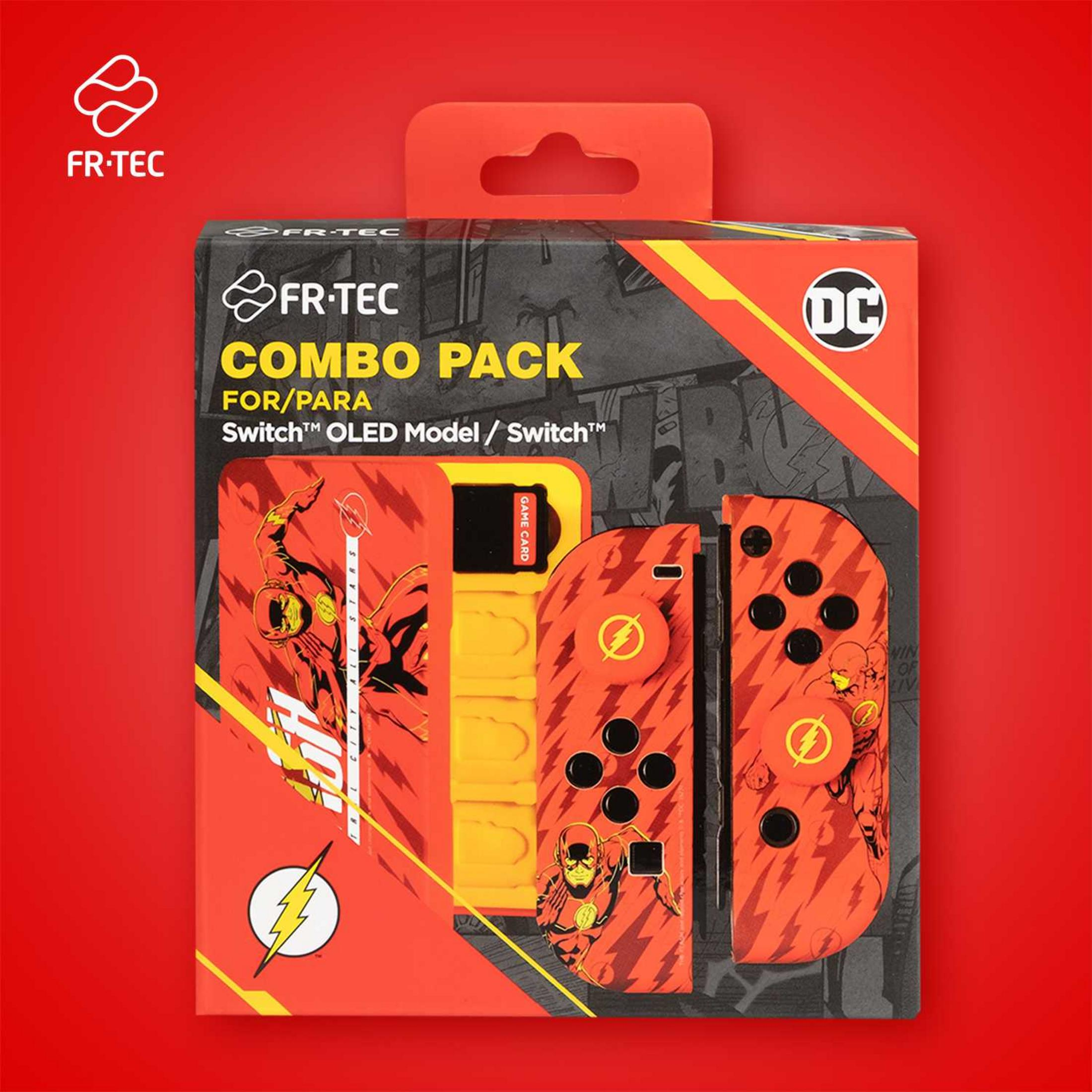 Confezione Combo FR-TEC per Switch con design Flash, joystick rossi e logo DC.