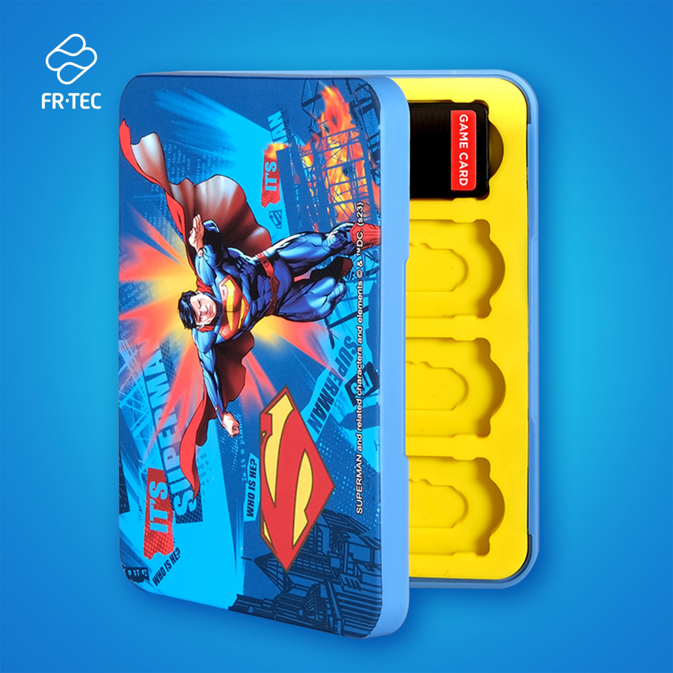 Custodia blu con grafica di Superman e inserto giallo per giochi.