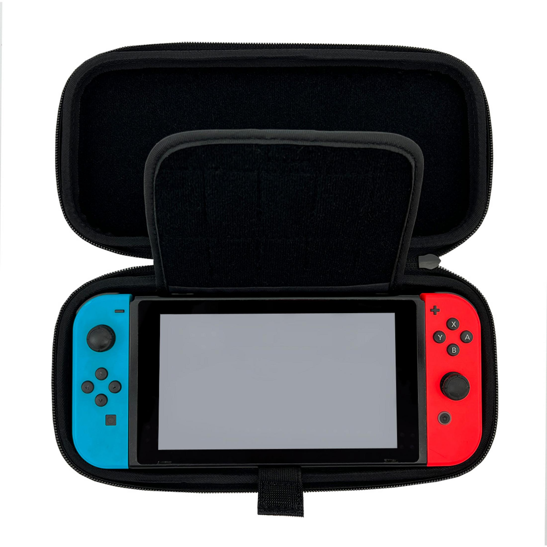 Un estuche negro con un Nintendo Switch abierto, con controladores azules y rojos.