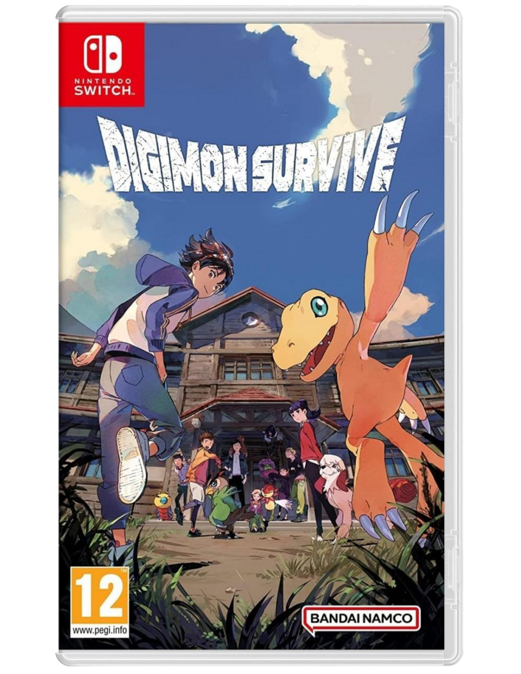 Portada del juego Digimon Survive con niños y Digimon frente a un edificio.