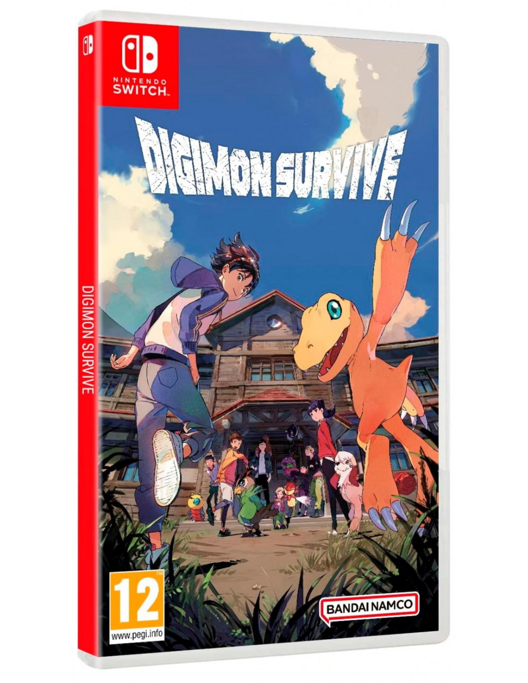 Portada de juego Nintendo Switch Digimon Survive con personajes y un edificio.