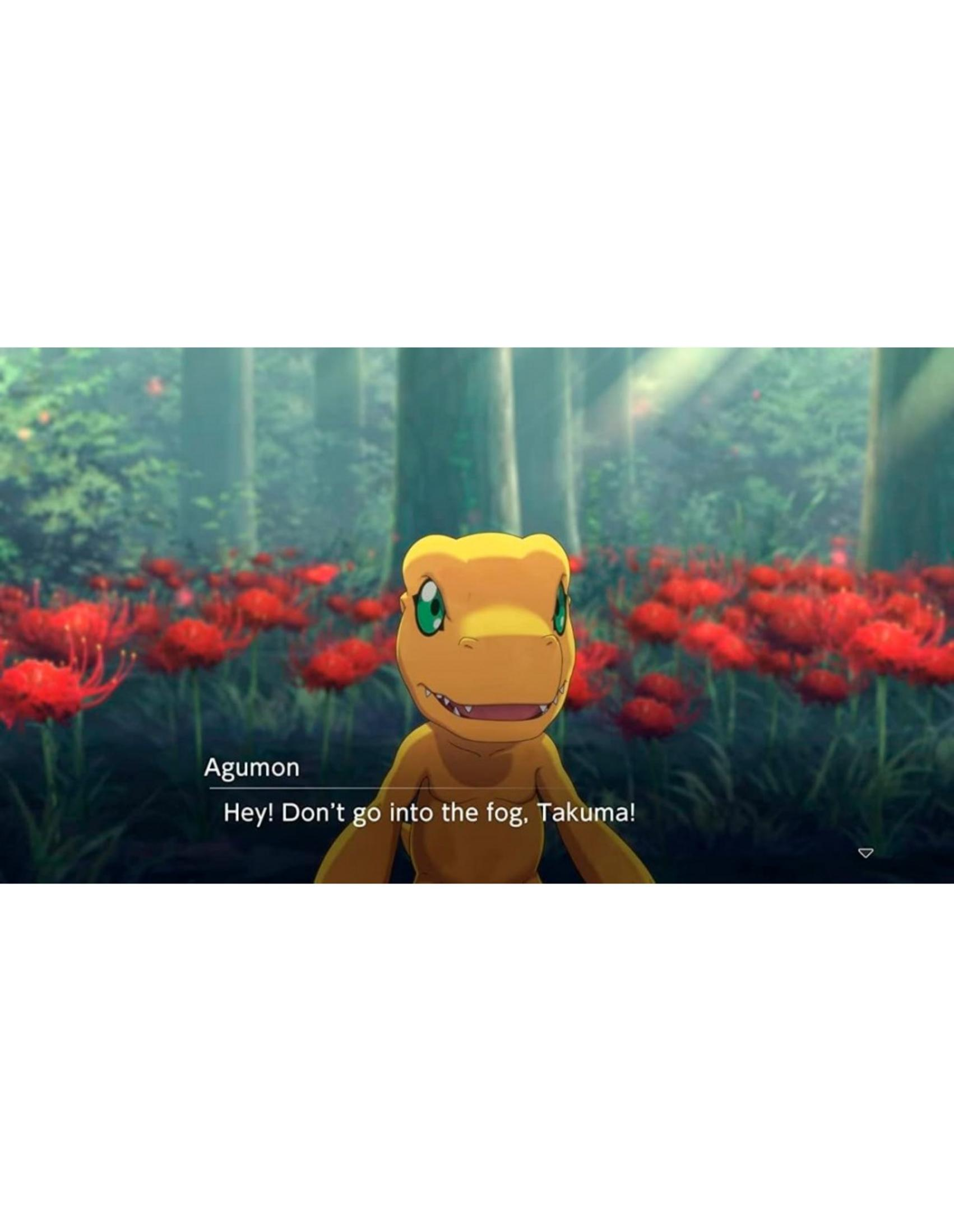 Agumon está ante lirios araña rojos en un bosque neblinoso. Habla con Takuma.