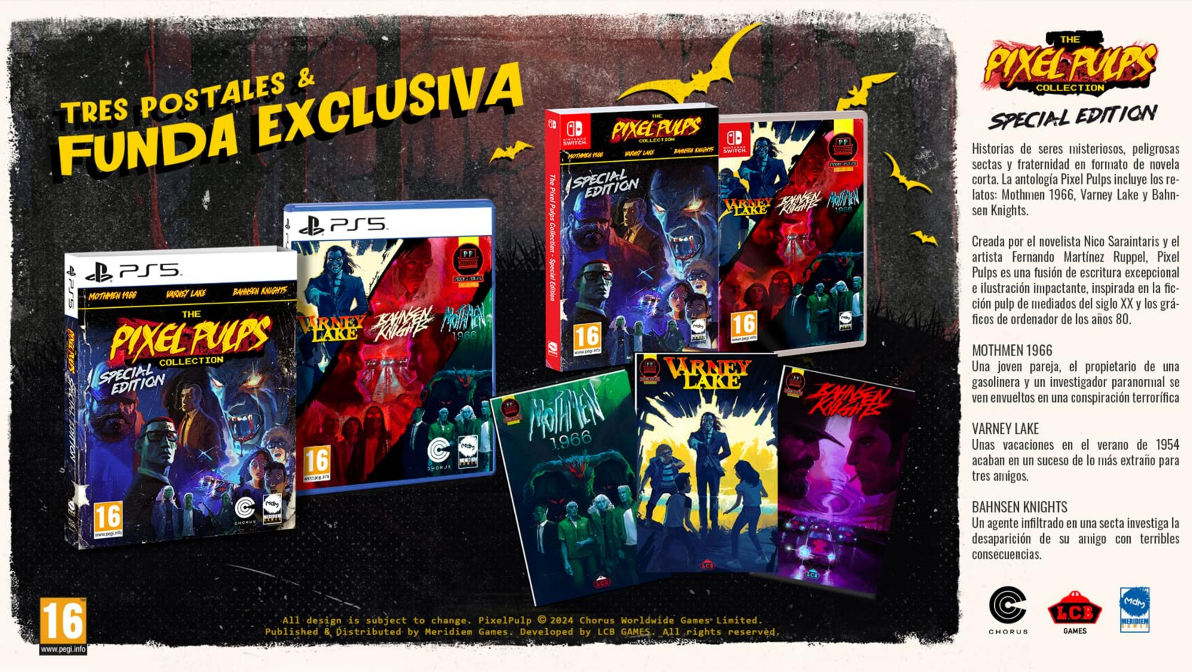 Pixel Pulps Collection Special Edition Spiele für PS5 und Switch mit gruseligen Covern.