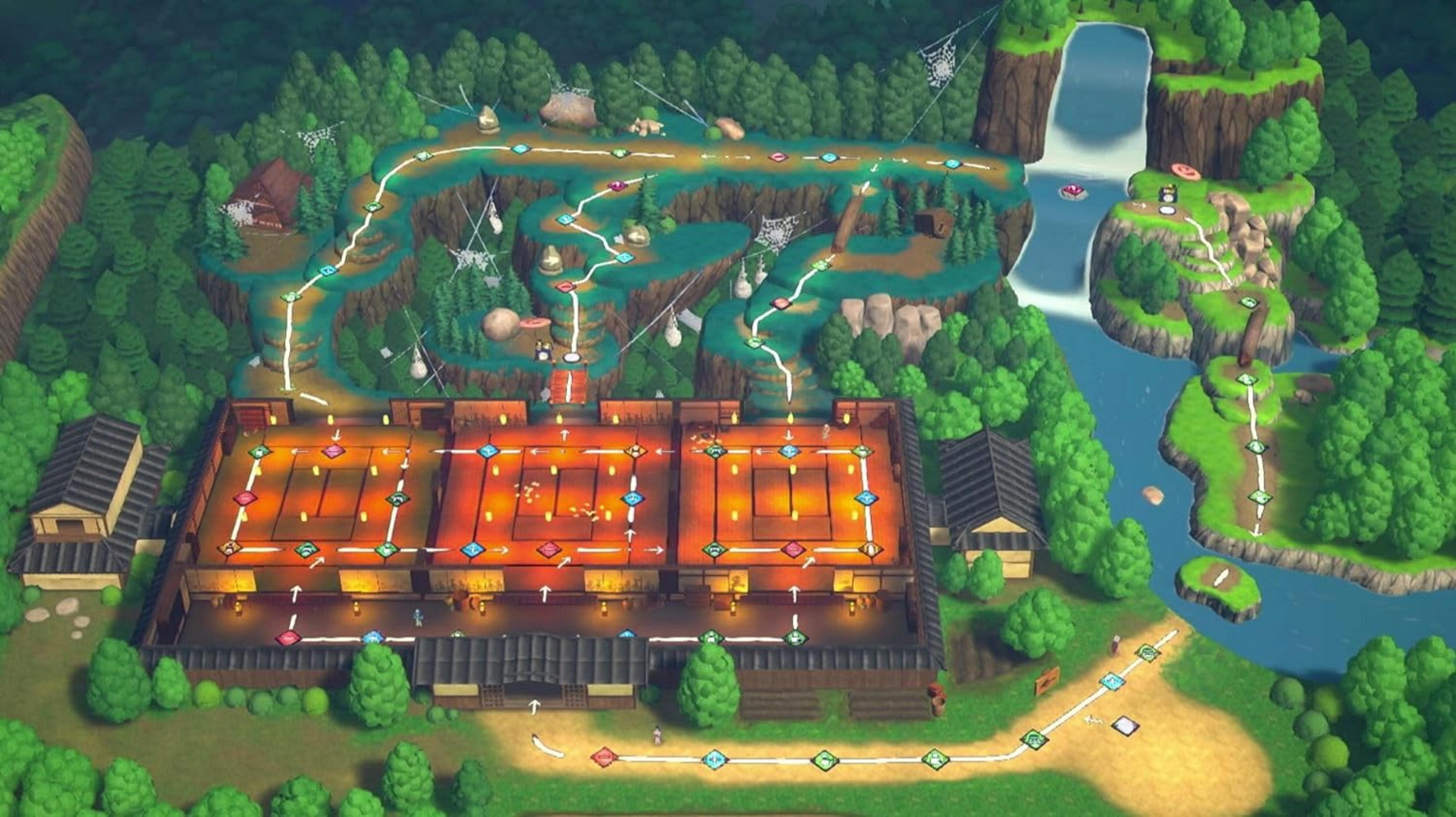 Una mappa di gioco con fiume, cascata, foresta e un dojo con tabellone di gioco.