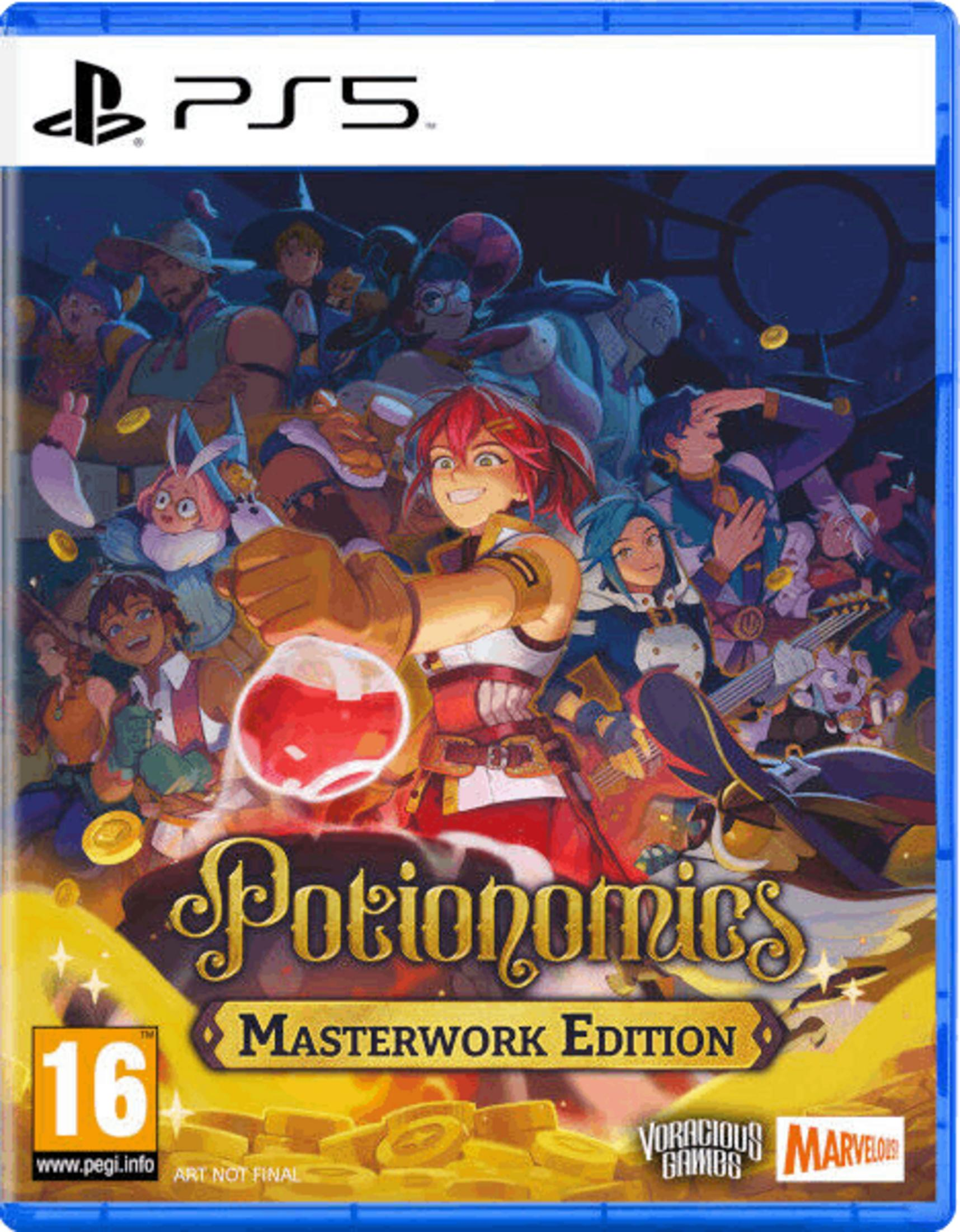 Copertina del gioco PS5 Potionomics: Masterwork Edition con personaggi colorati e monete d'oro.