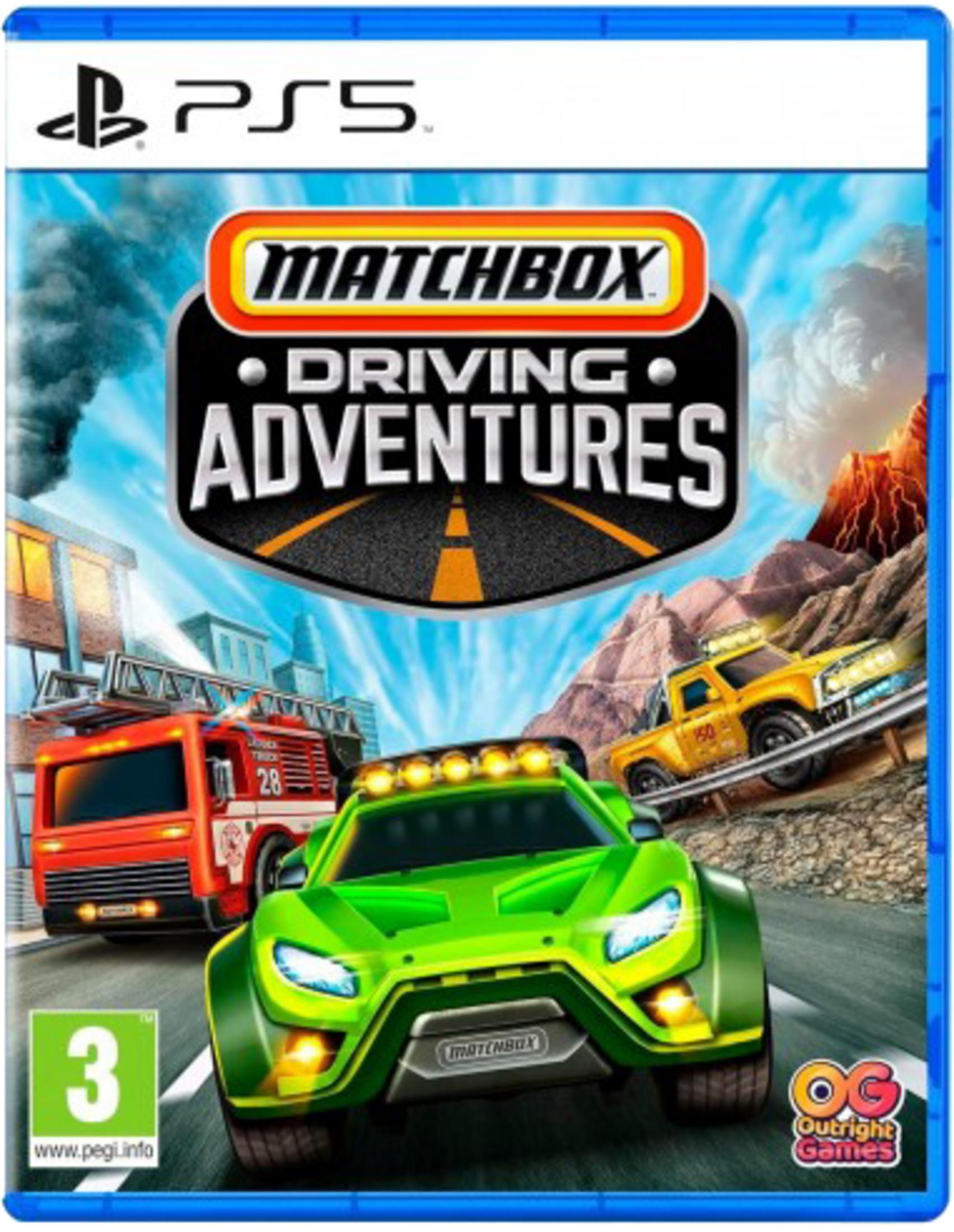 Copertina PS5: Matchbox Driving Adventures con auto, camion pompieri e vulcano.