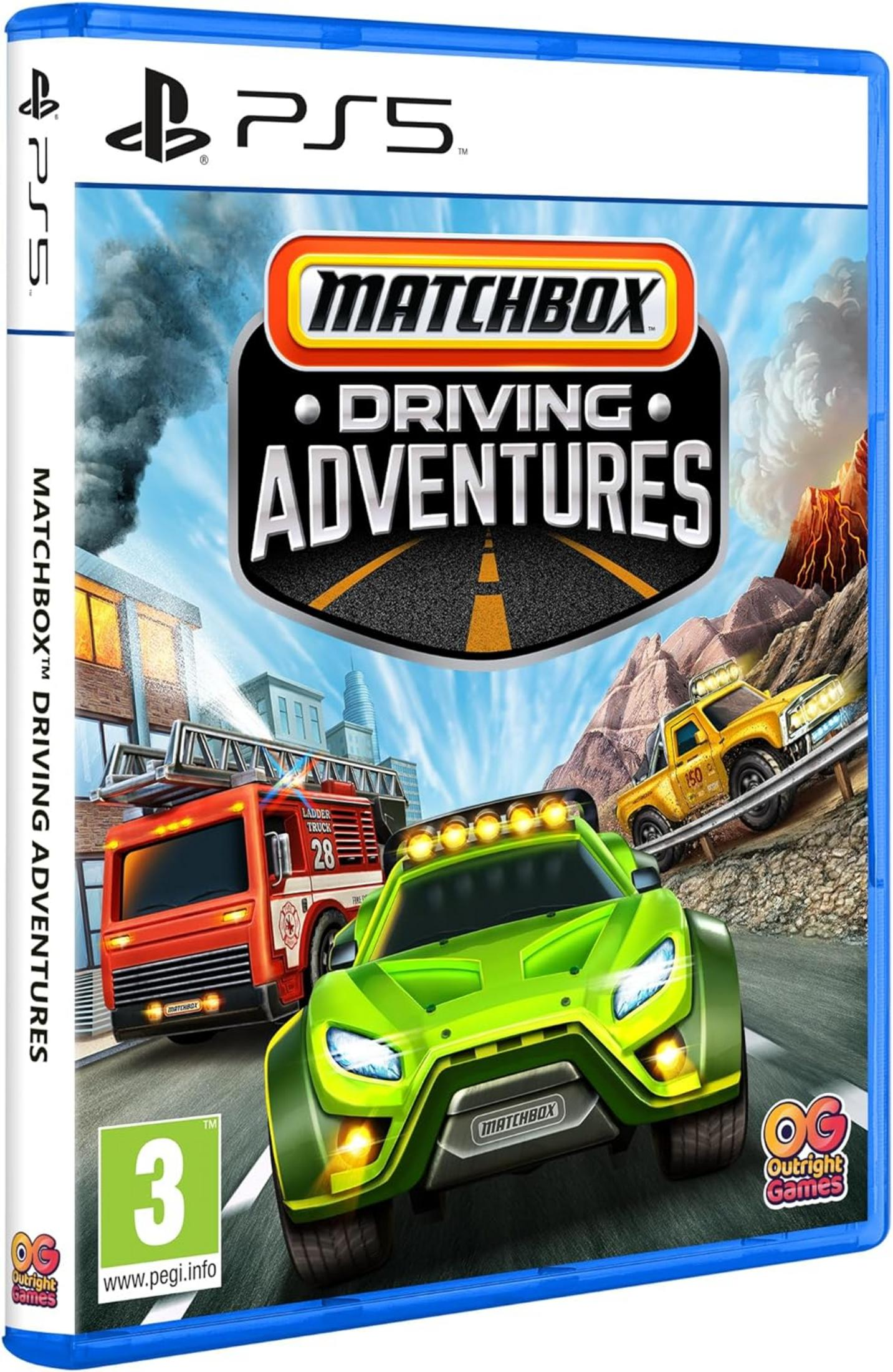 Copertina gioco PS5: Matchbox Driving Adventures con auto, camion pompieri, vulcano.