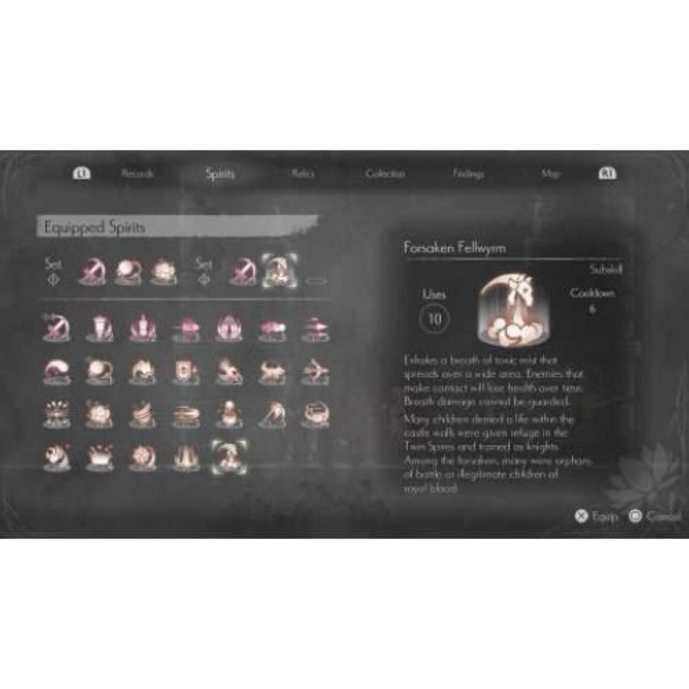 Schermata del menu di gioco che mostra gli spiriti equipaggiati, con 'Forsaken Fellwyrm' selezionato, 10 usi.