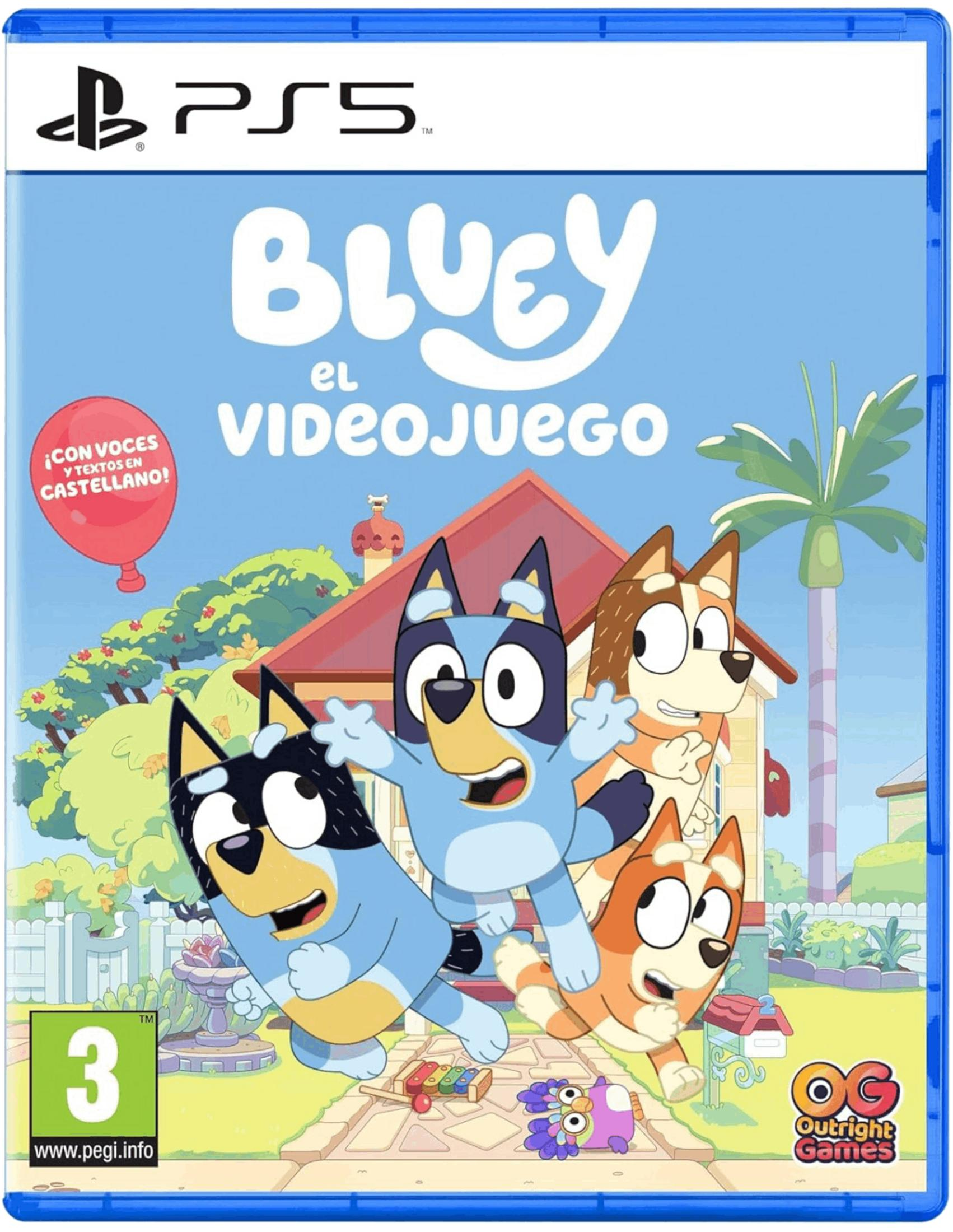 Portada del videojuego Bluey con la familia de perros, logo PS5 y clasificación PEGI 3.