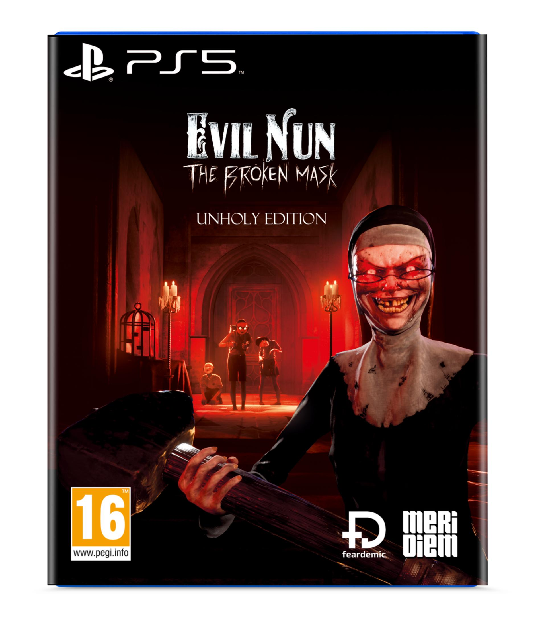 Ein gruseliges Videospielcover mit einer Nonne, die einen Hammer hält.