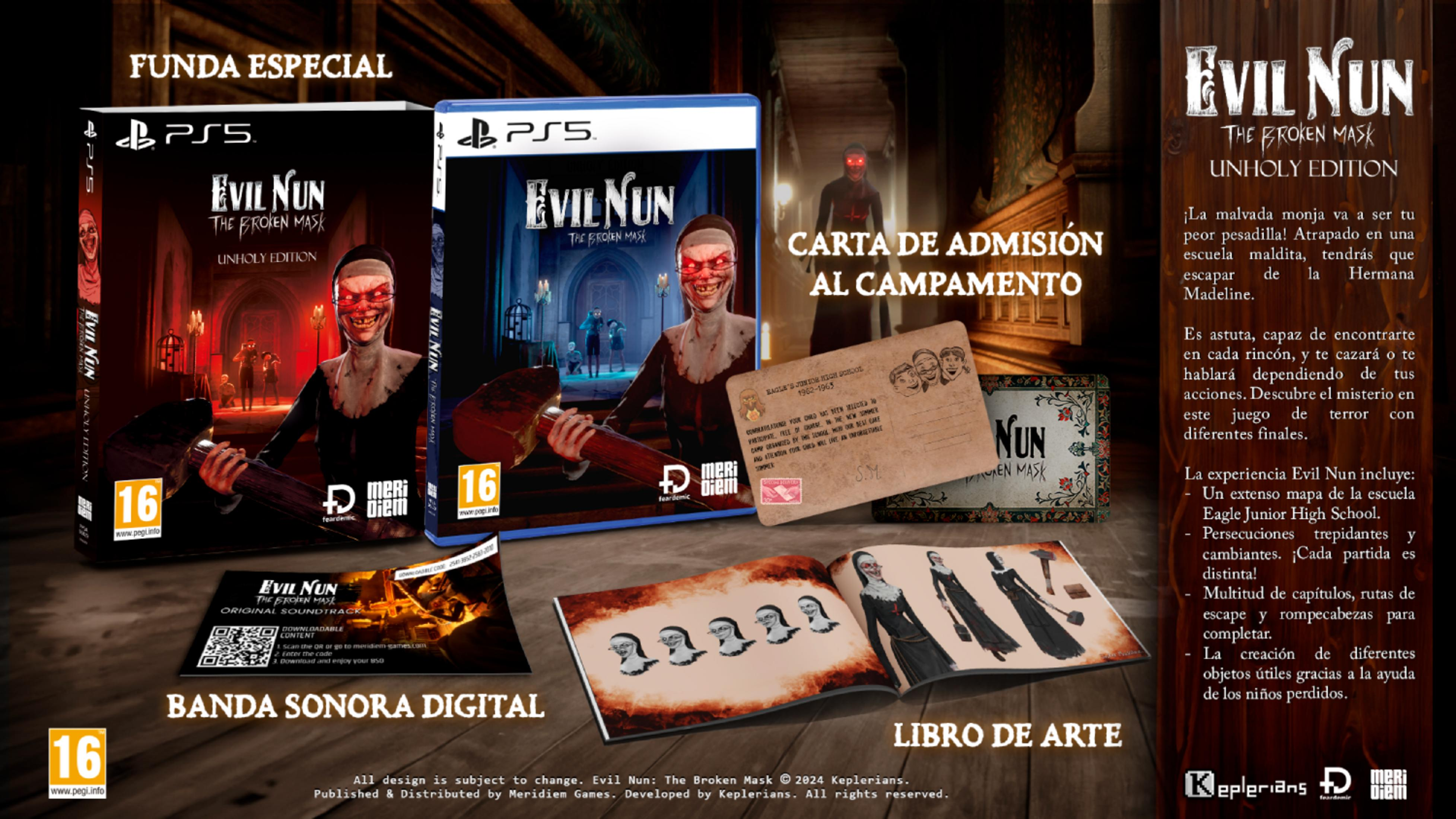 PS5 Evil Nun Unholy Edition Spiel, Soundtrack & Artbook mit gruseliger Nonne.