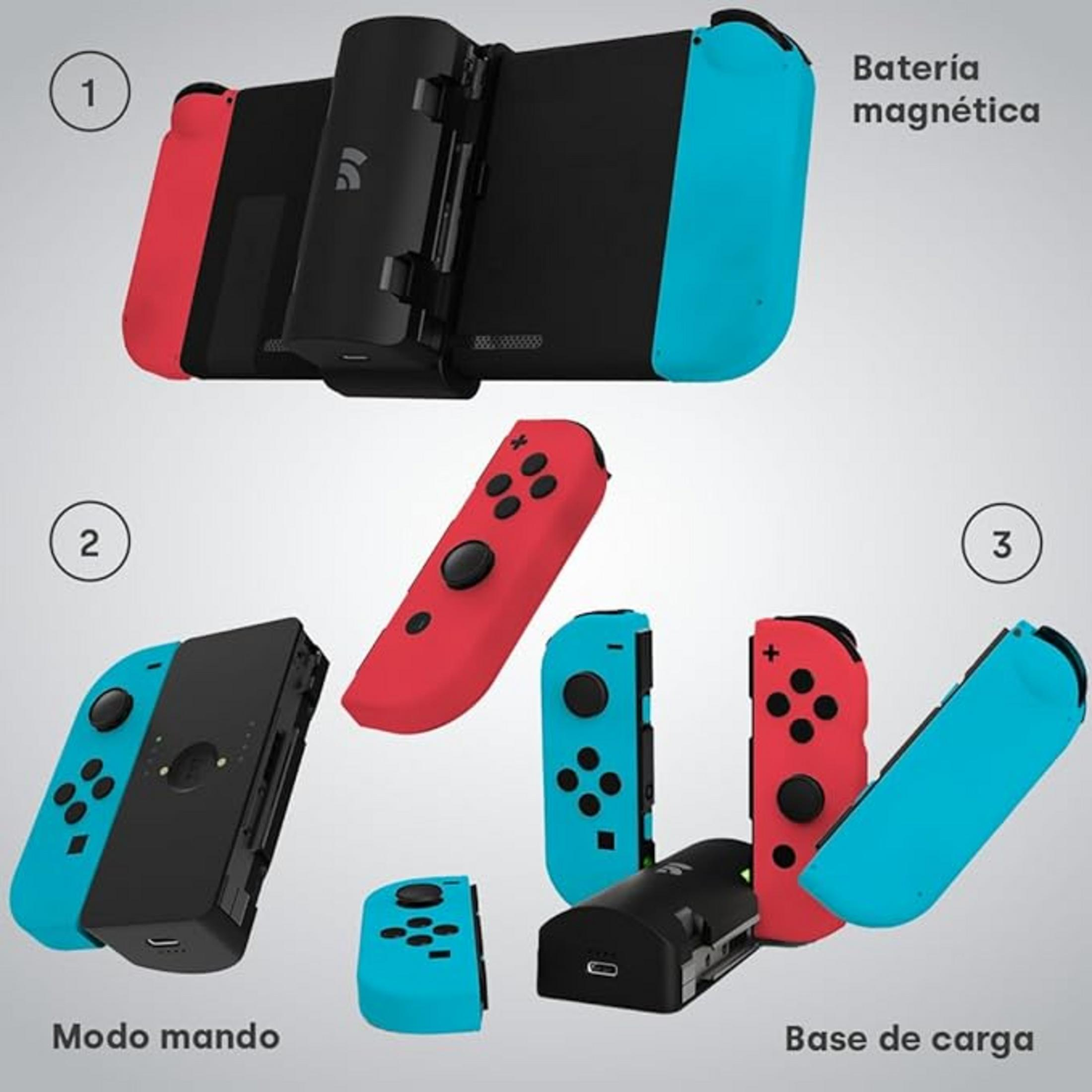 Joy-Cons rojos y azules con agarre negro y base de carga.