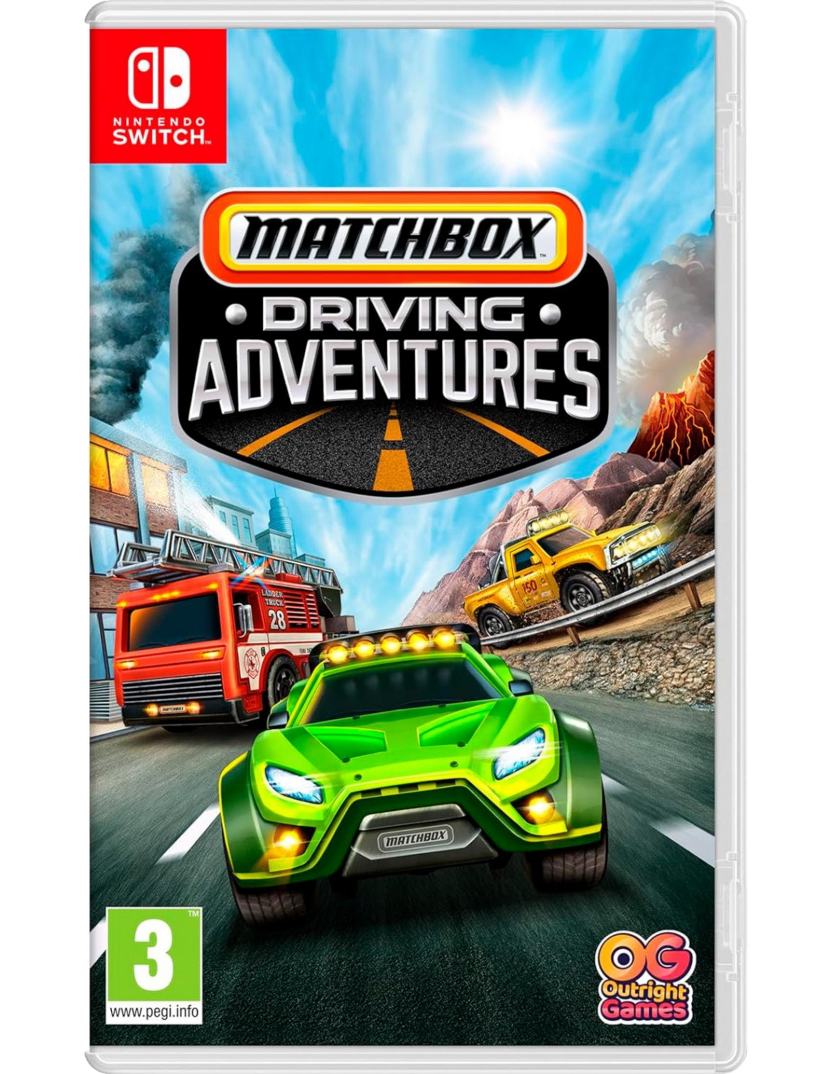Copertina Nintendo Switch Matchbox Driving Adventures: veicoli verdi, rossi e gialli.
