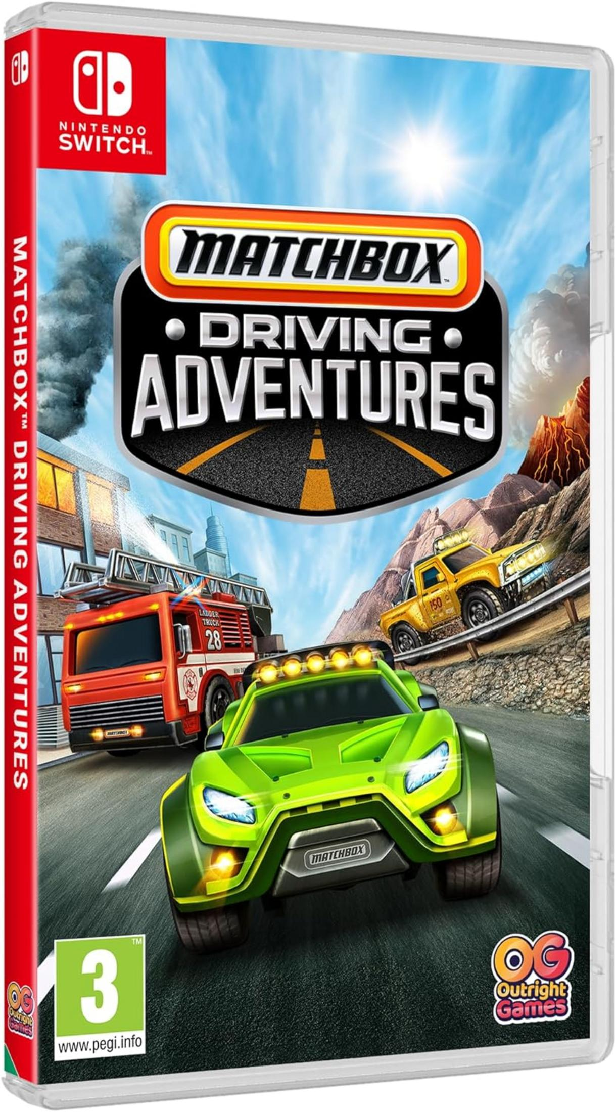 Copertina Nintendo Switch Matchbox Driving Adventures con auto, camion dei pompieri e vulcano.