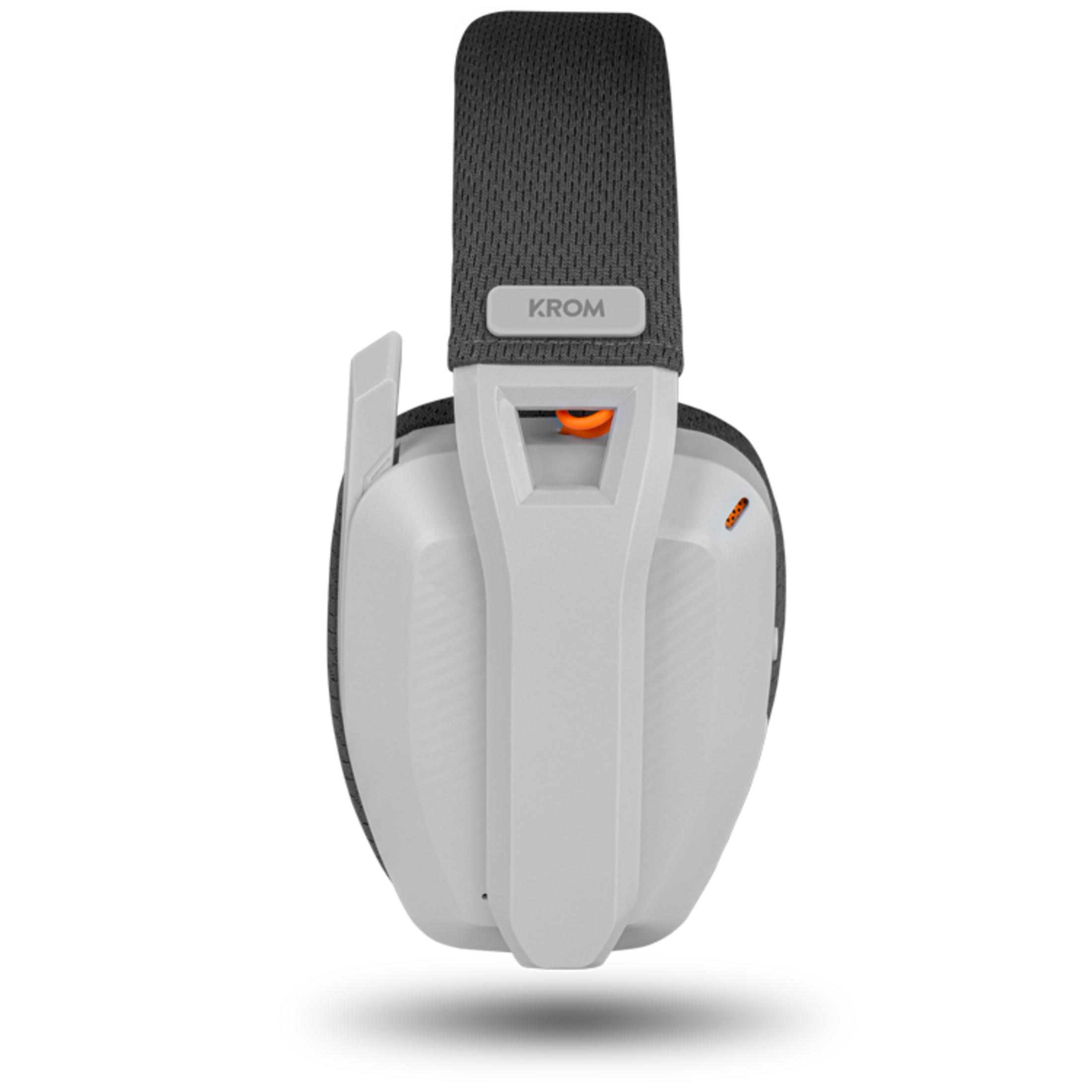 Un auricolare bianco con fascia in tessuto grigio e accenti arancioni.