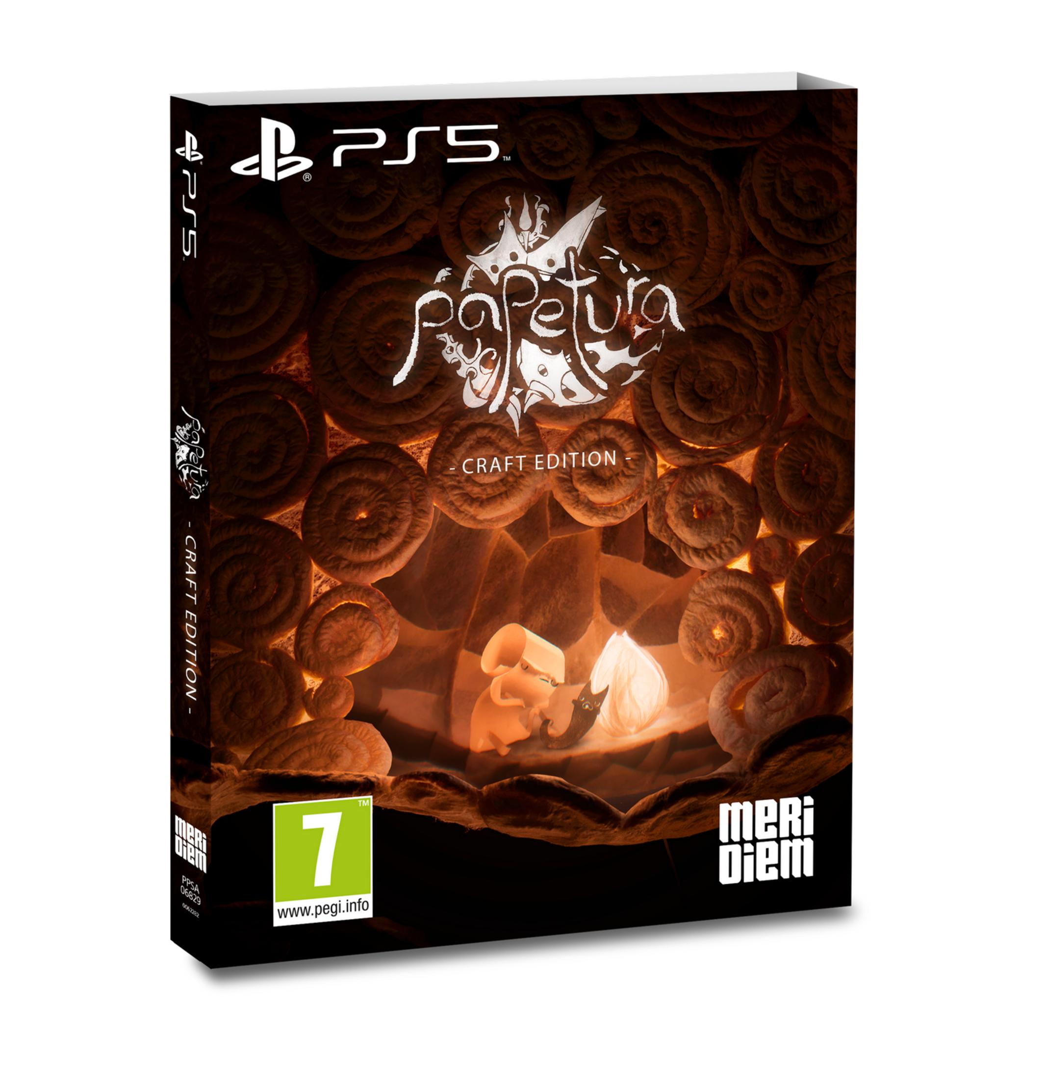 Gioco PS5 "Papetura - Craft Edition" con un personaggio carino e sfondo organico.