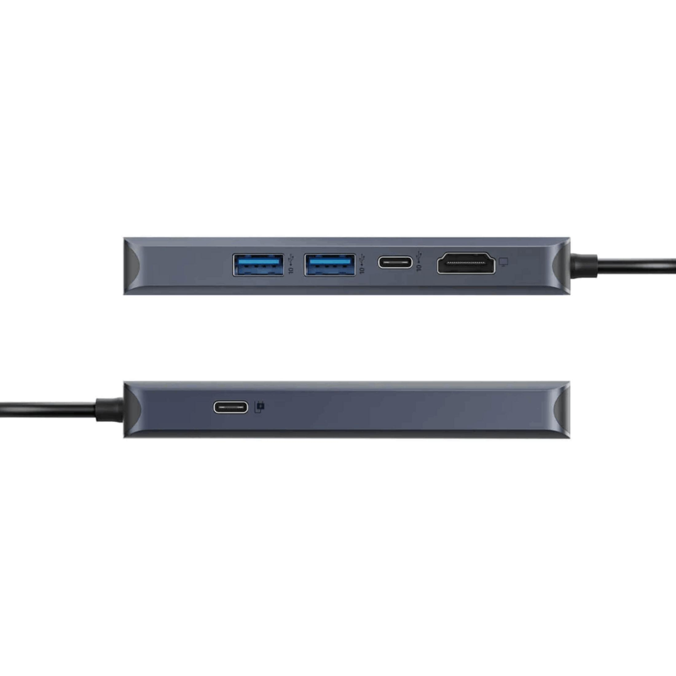 Hub USB-C grigio con due porte USB-A, una porta HDMI e una porta USB-C.