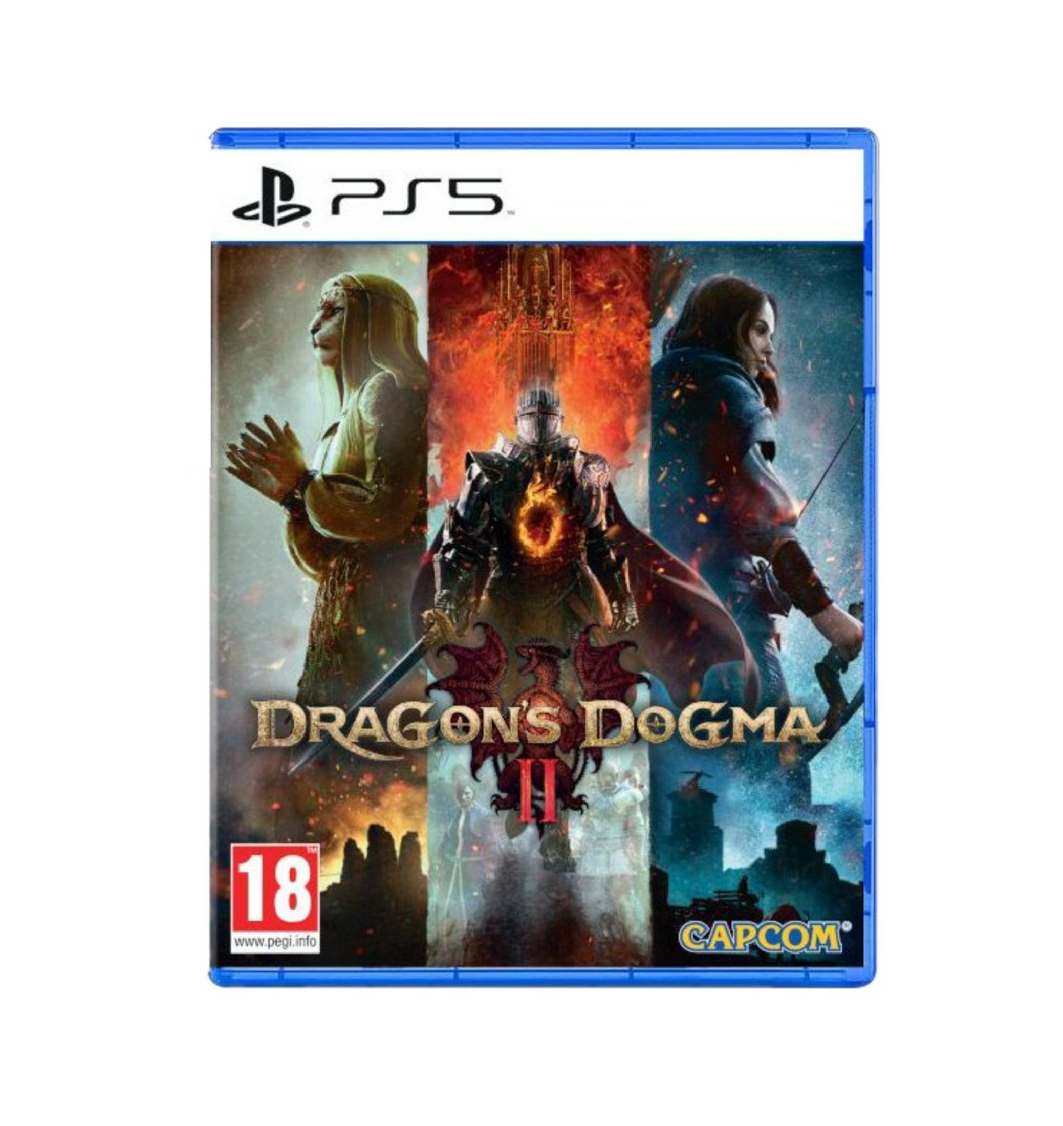 Portada del juego PS5: Dragon's Dogma 2 con guerrero, maga y arquera.