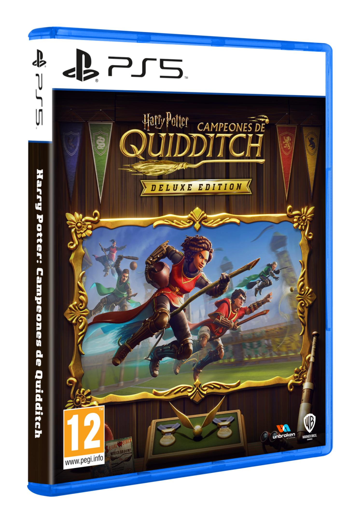 Copertina gioco Harry Potter Quidditch PS5 con giocatori su manici di scopa, età 12.