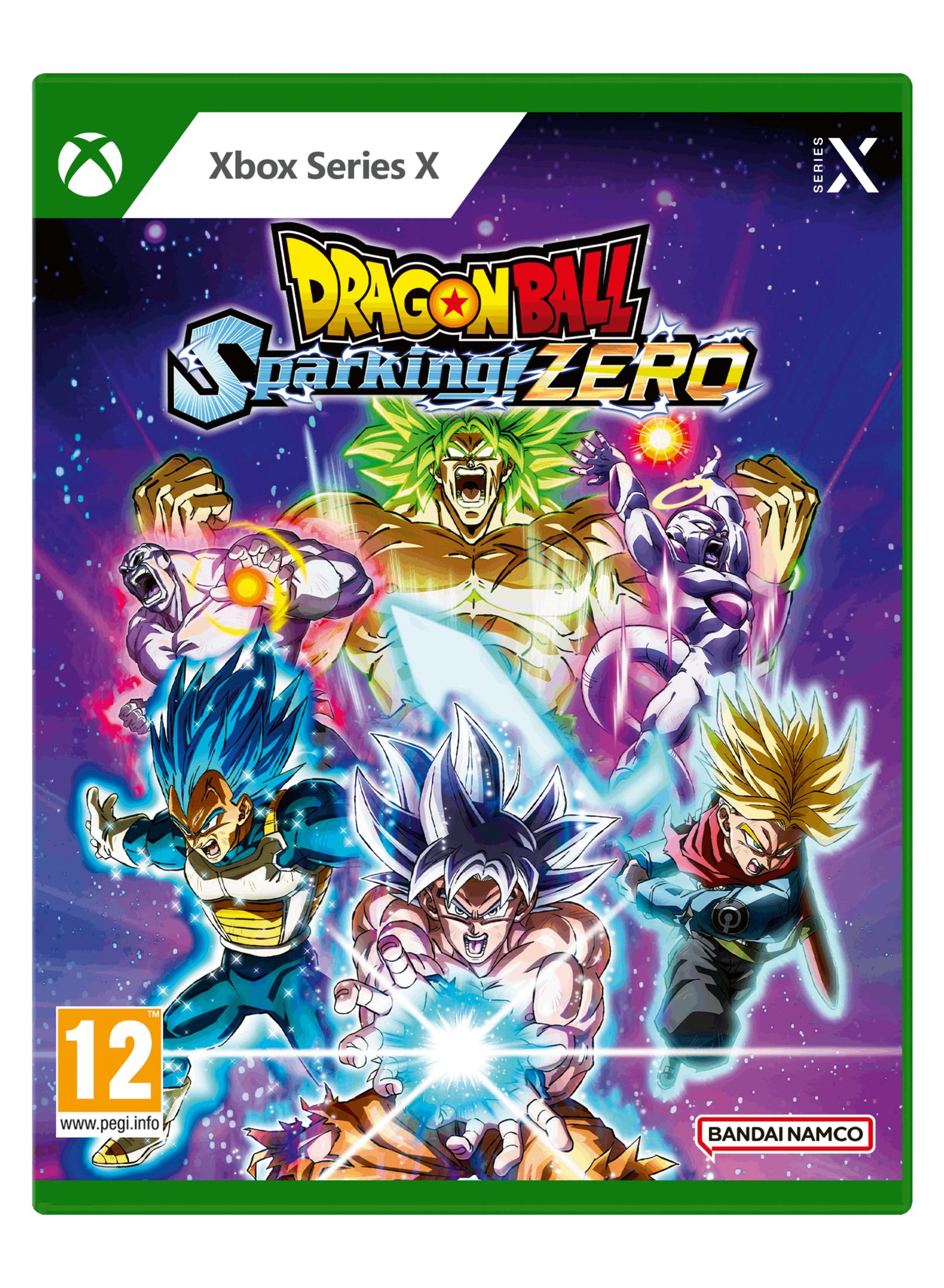 Copertina Xbox Series X di Dragon Ball Z: Sparking Zero con Goku, Vegeta, Broly, Frieza e Trunks.