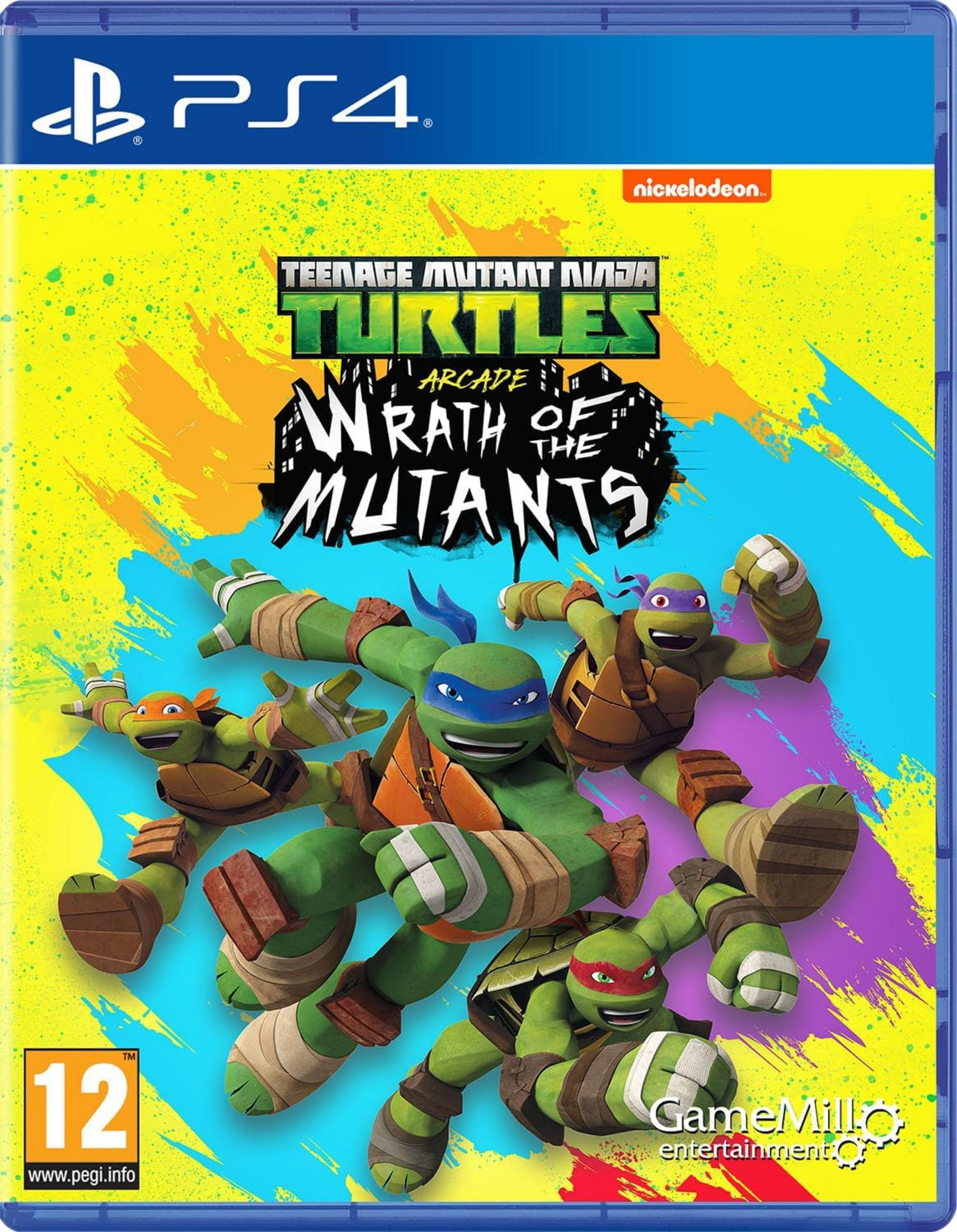 Tartarughe Ninja Mutanti Adolescenti su una copertina di gioco PS4 che combattono su uno sfondo giallo macchiato.