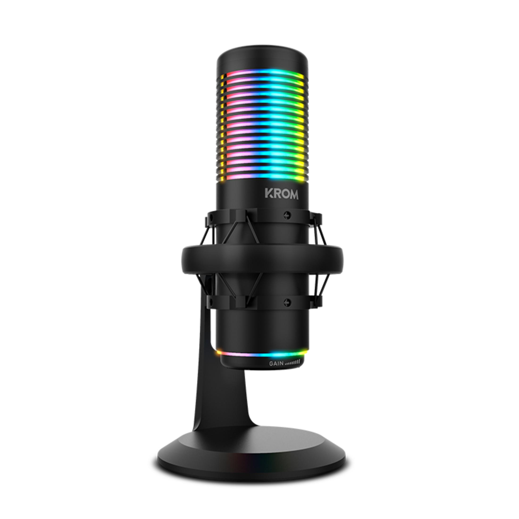 Microfono nero con illuminazione RGB su supporto con indicatore di guadagno.