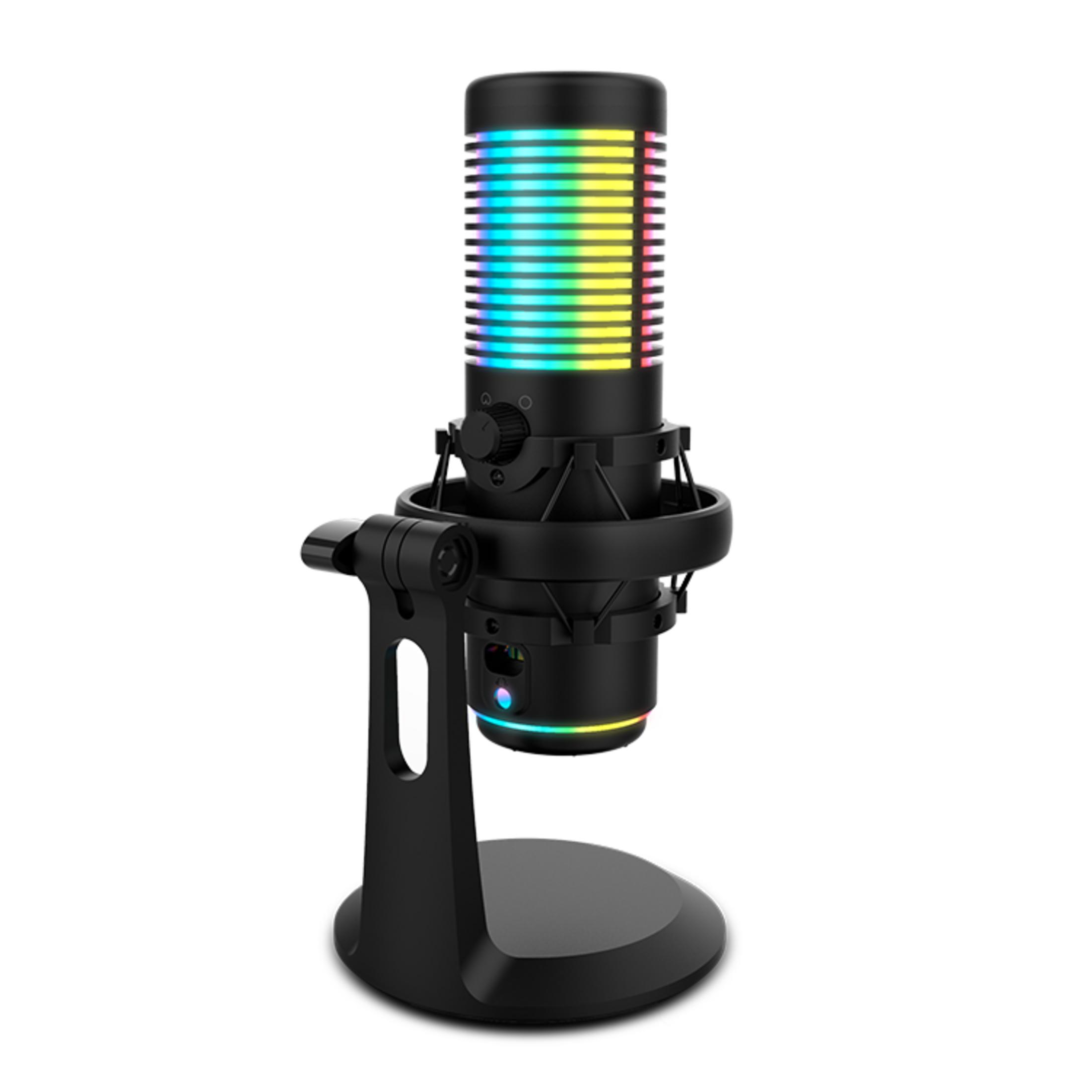Microfono nero con luci LED arcobaleno su supporto.