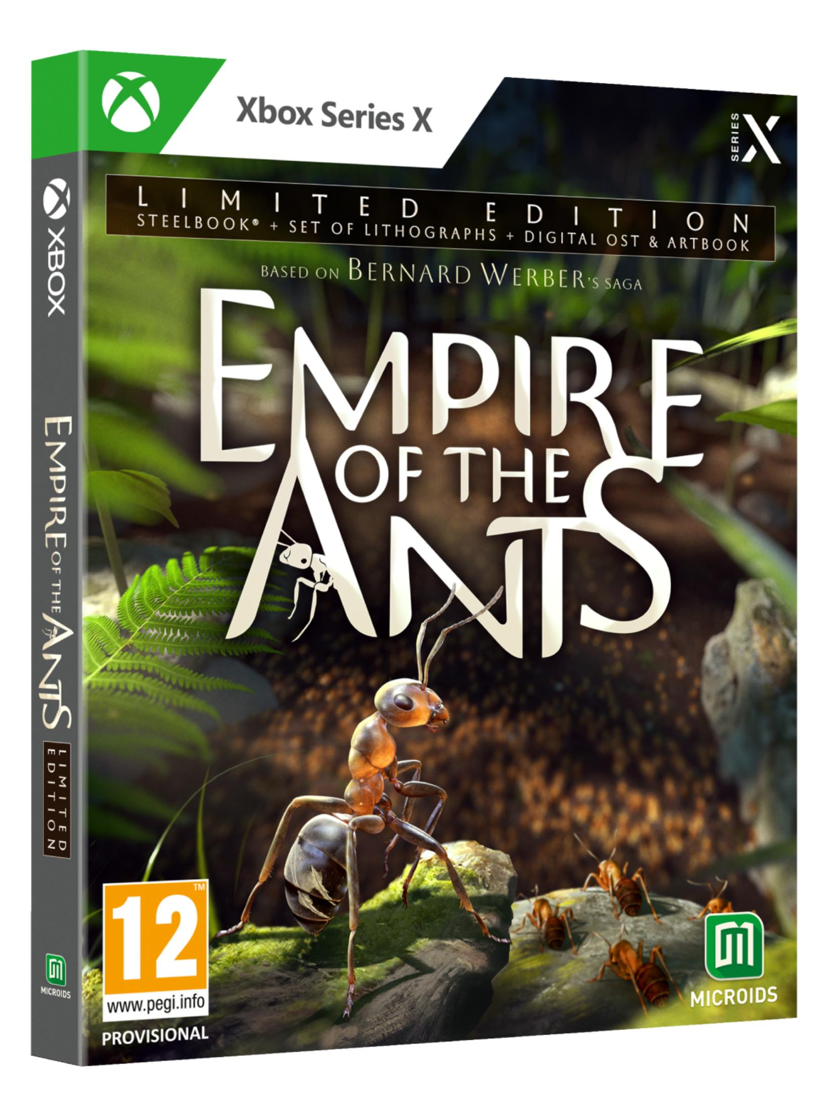 Custodia Xbox Series X per 'Empire of the Ants' con formiche e classificazione PEGI 12.