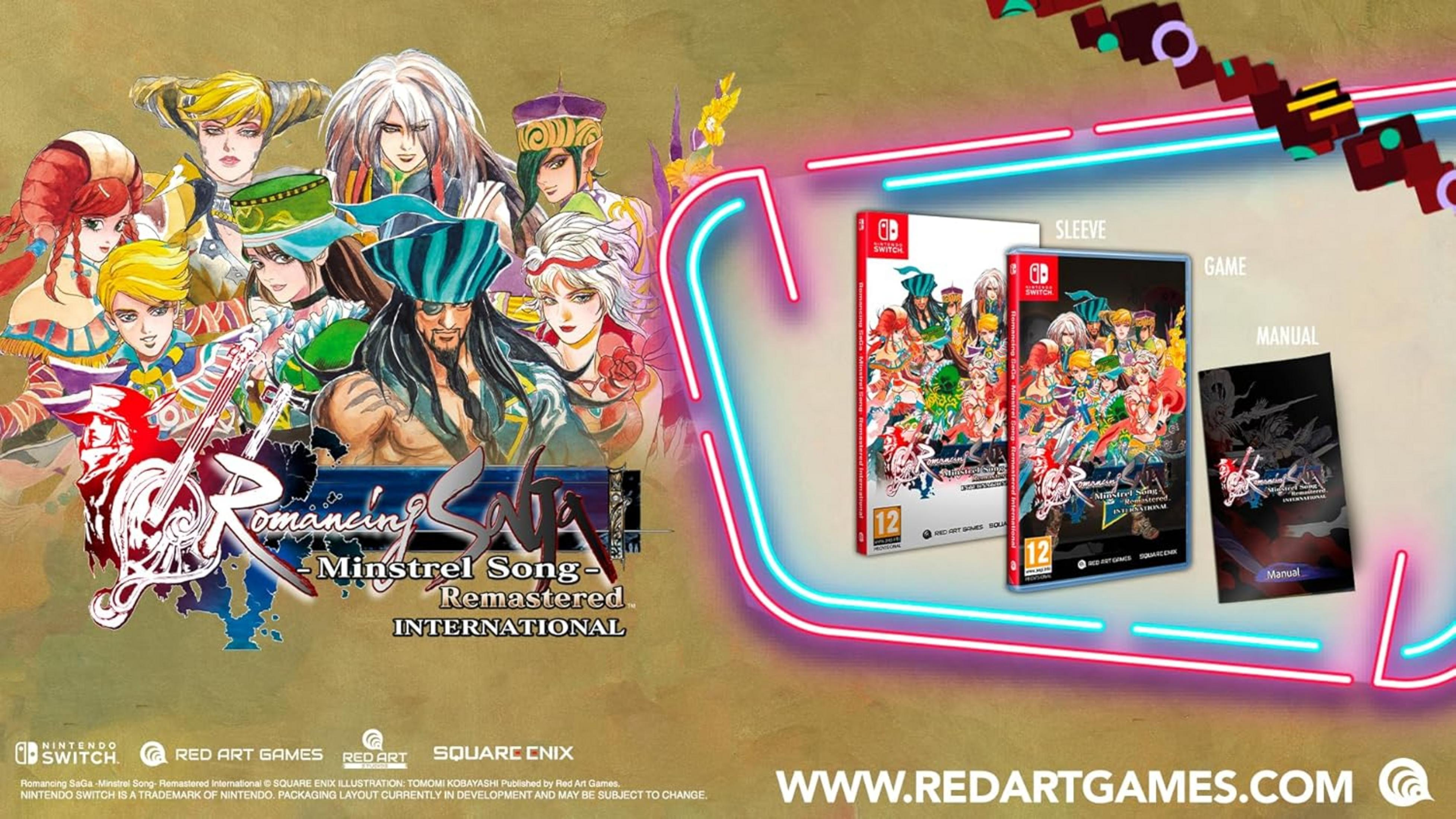 Copertina e manuale del gioco per Romancing SaGa: Minstrel Song Remastered per Nintendo Switch.