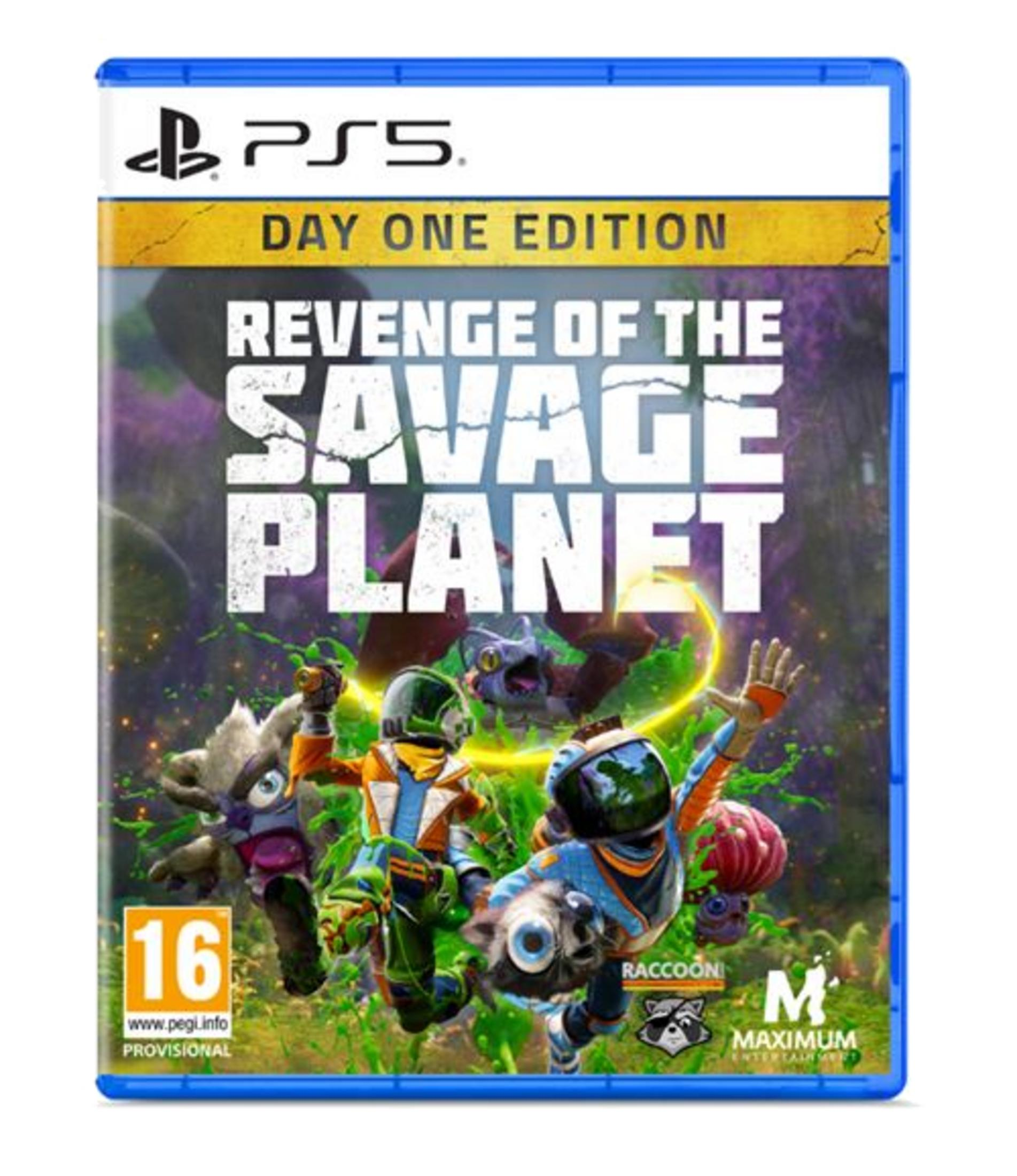 Portada del juego PS5 Revenge of the Savage Planet Edición Día Uno con personajes y 16.