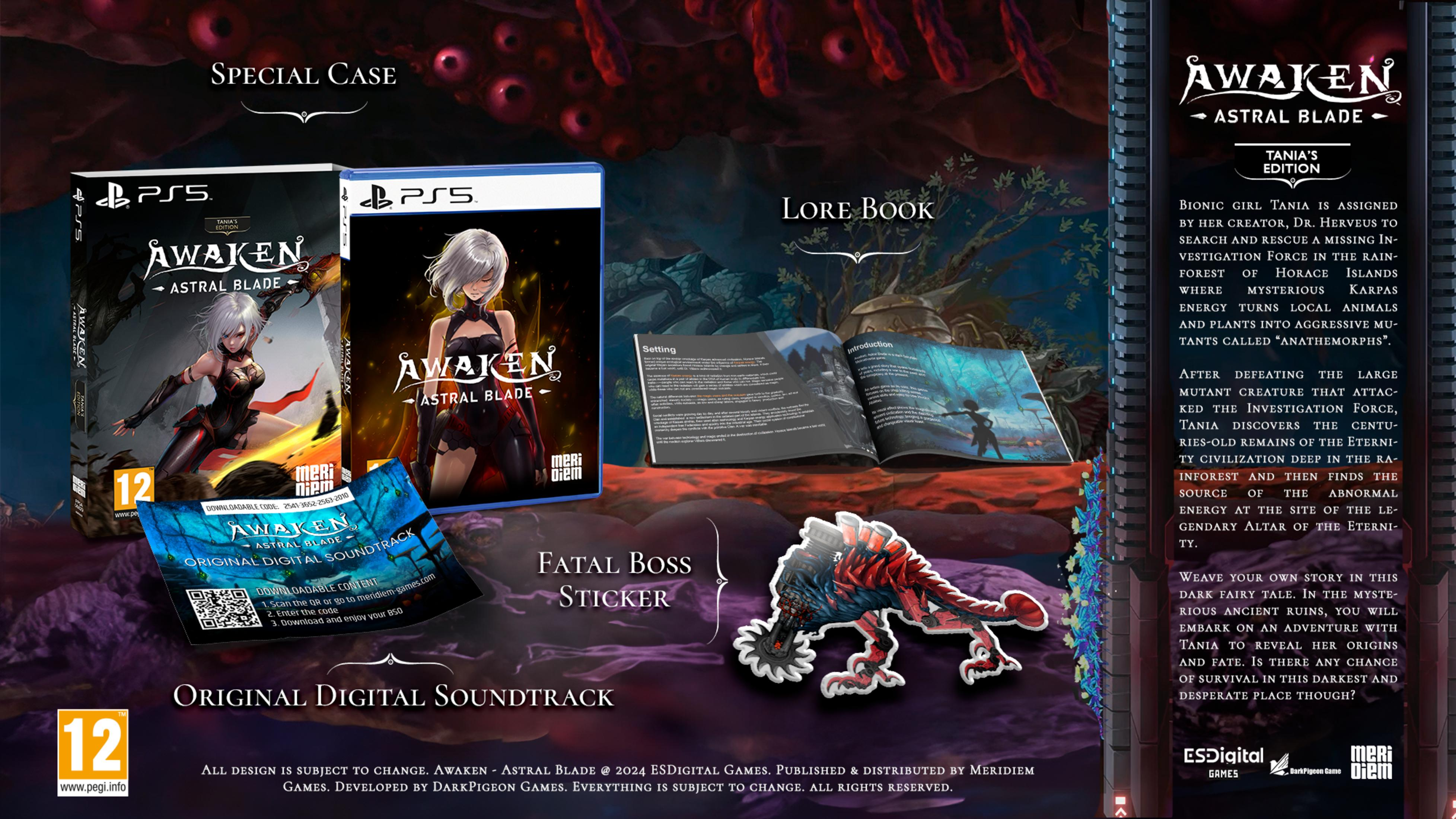 Confezione del gioco PS5, libro di lore, adesivo e colonna sonora per 'Awaken - Astral Blade'.
