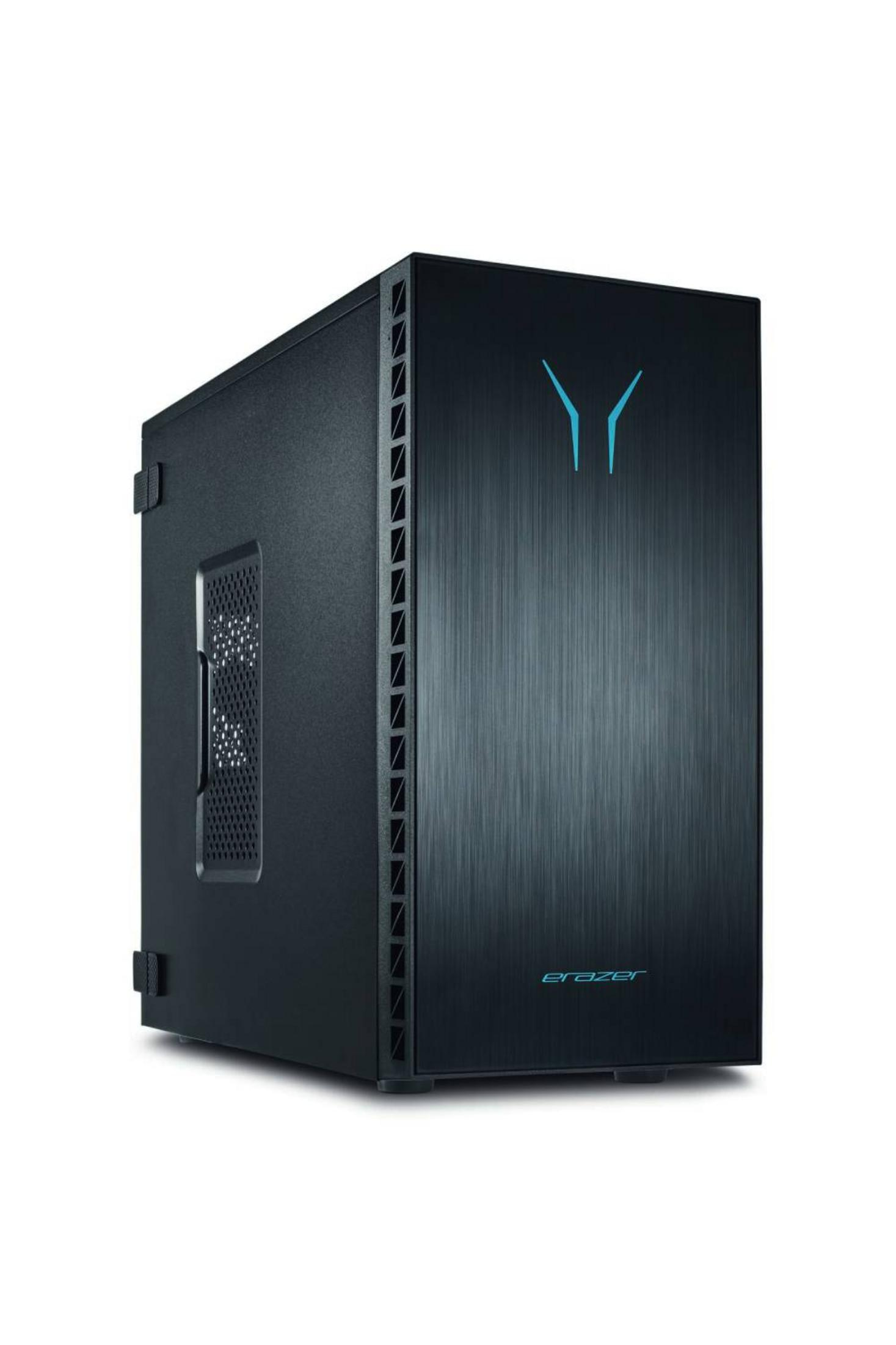 Case PC nero con logo blu e fessure di ventilazione.