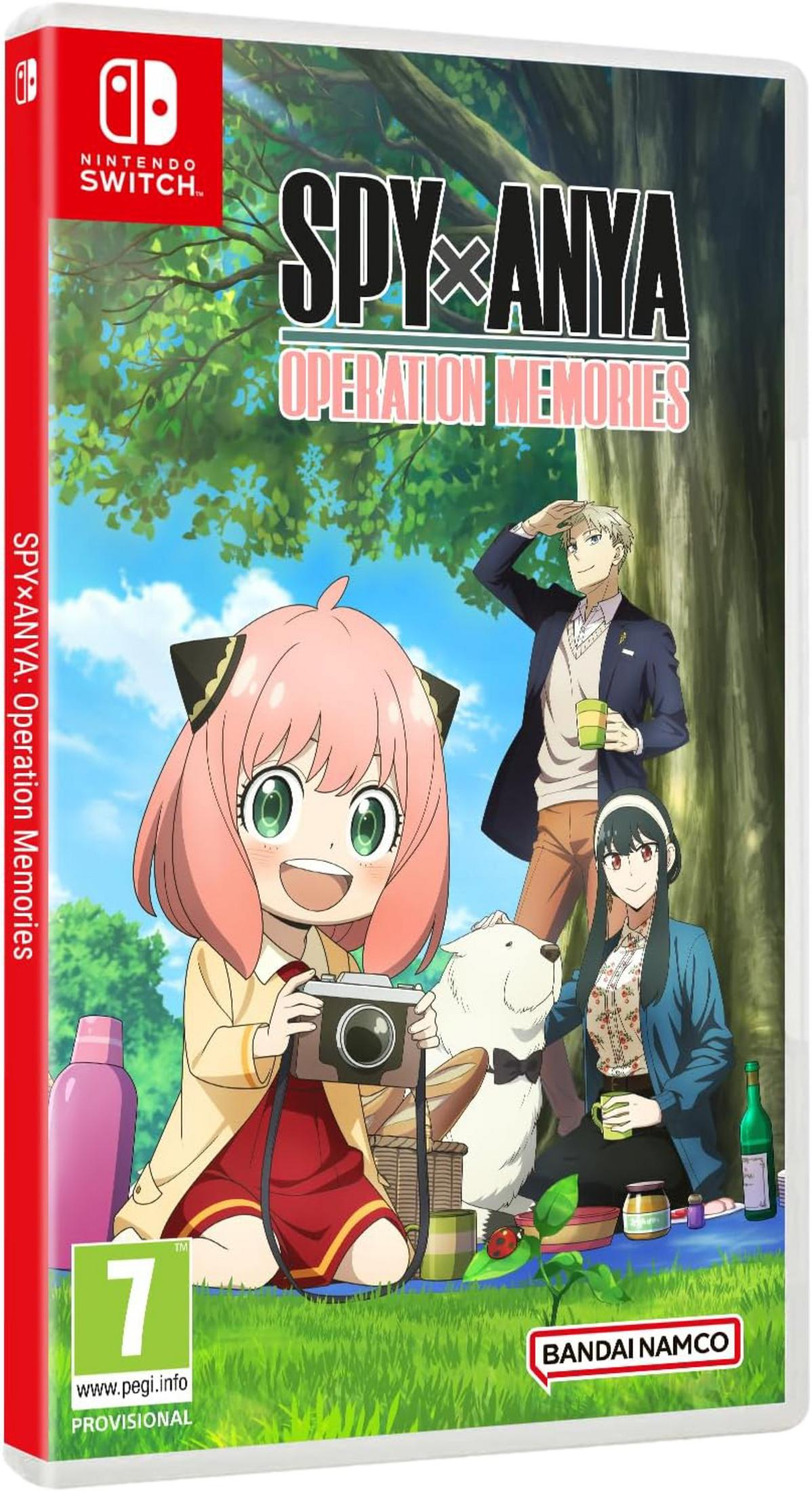 Copertina gioco Nintendo Switch: Anya, Loid, Yor e Bond all'aperto con macchina fotografica e picnic.