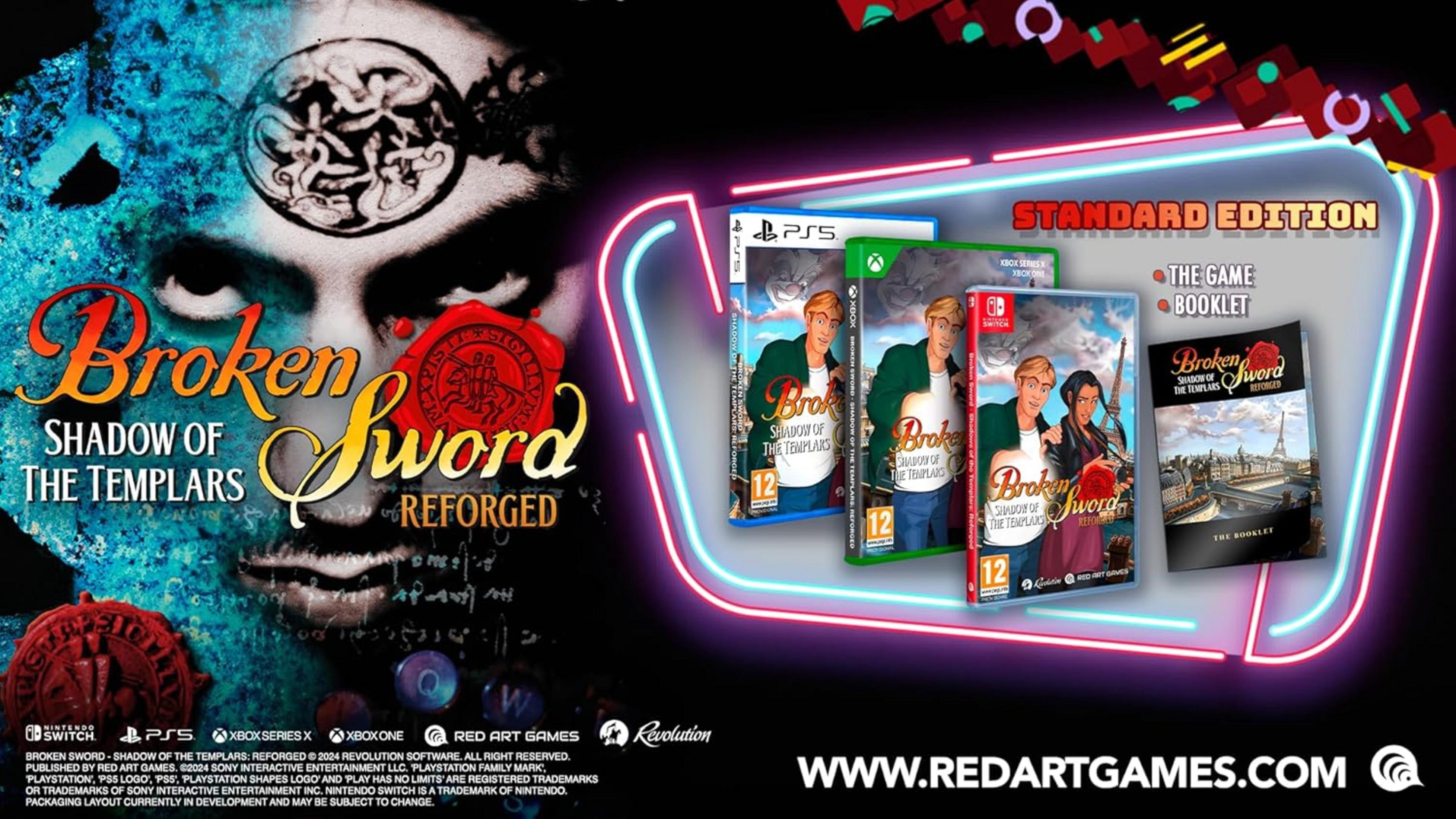 Copertina di Broken Sword: Reforged con confezioni di gioco per PS5, Xbox, Switch.